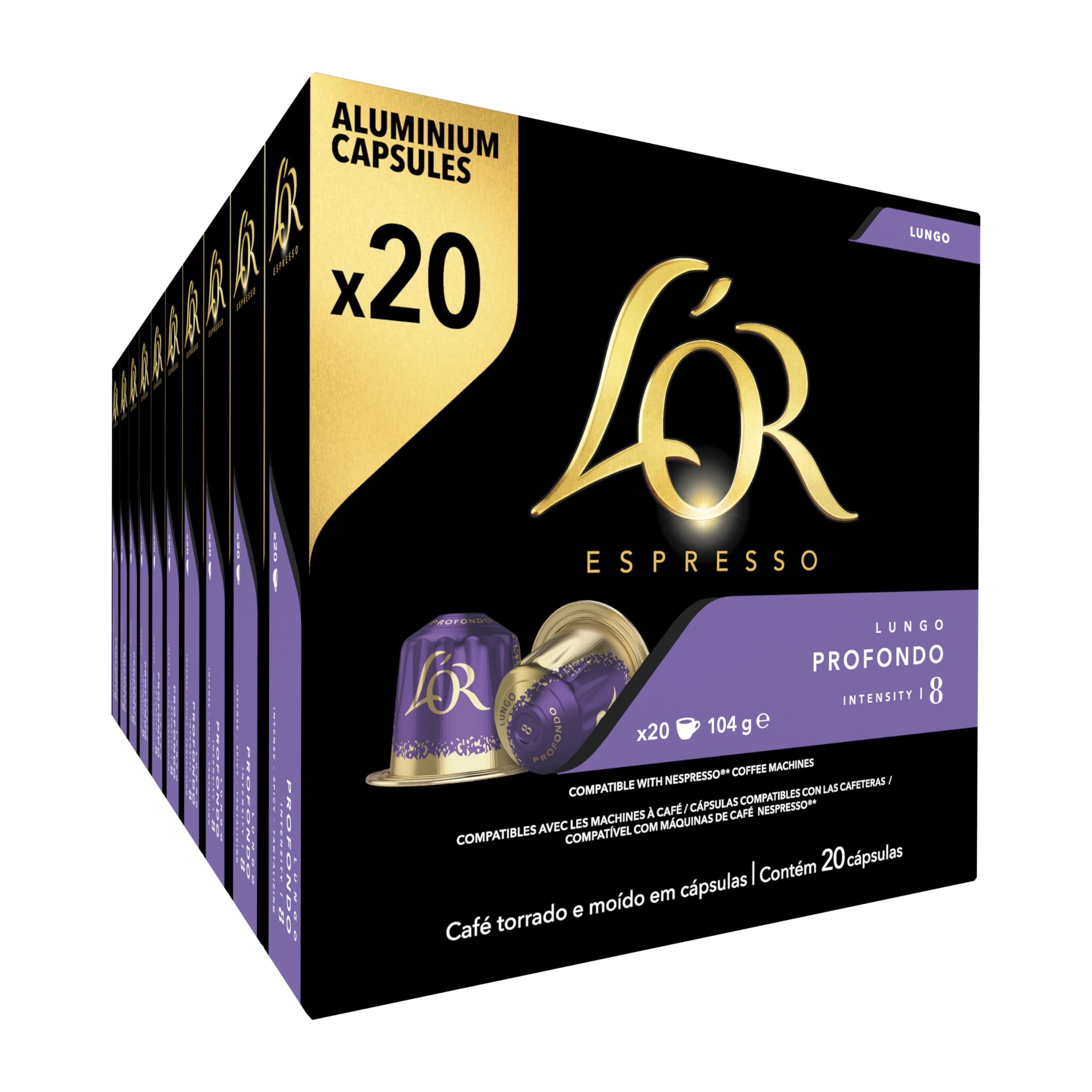 L'OR Espresso Lungo Profondo Coffee Pods x20 Intensity 8 - Pack of 10 (Total 200 Capsules)