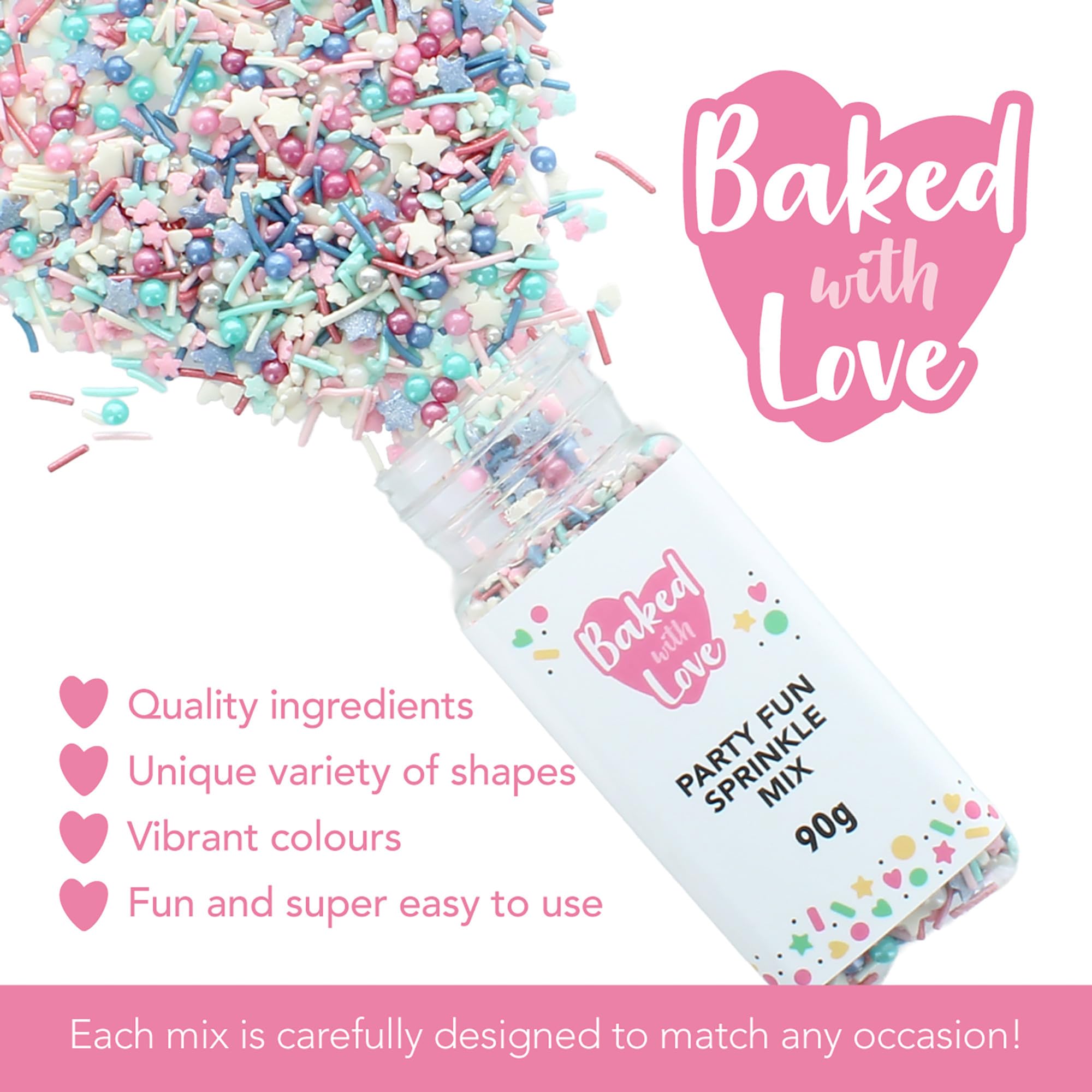 Baked with Love - Party Fun Sprinkles Mix | Blue, Pink & White Edible Cake Decorations | 90g Resealable Bottle 5