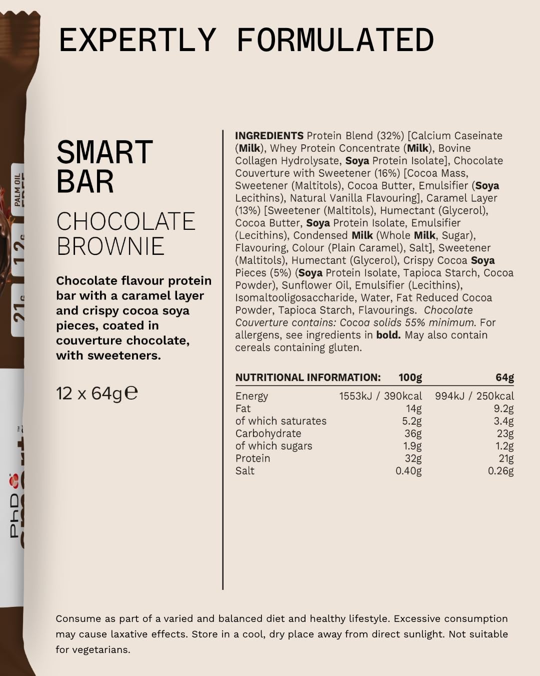 PhD Nutrition Smart Protein Bar Low Calorie, High Protein Low Sugar, Chocolate Brownie Flavour, 21g Protein, 64g Bar (12 Pack) 6