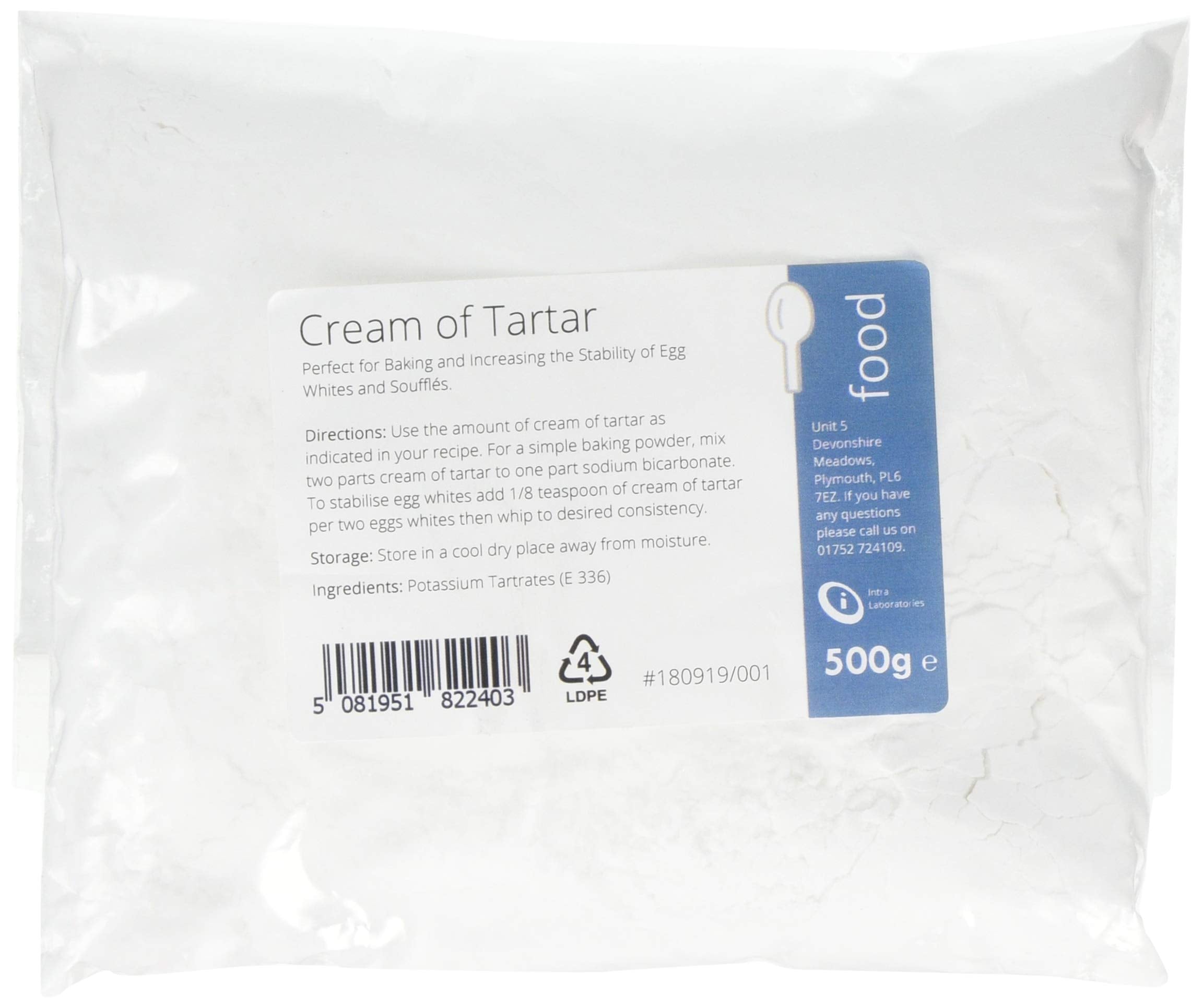 Intralabs Cream of Tartar - Pure Food Grade Powder for Baking & Homemade Playdough, 500g