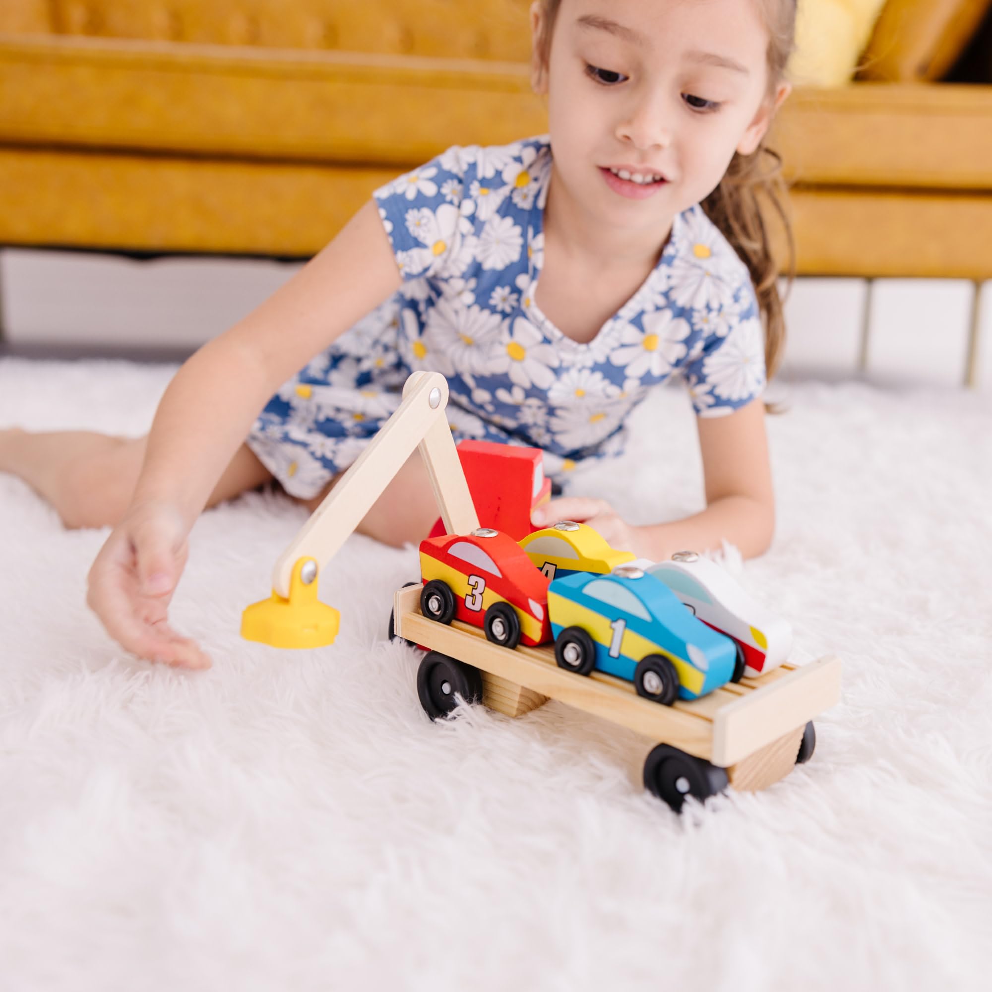 Melissa & Doug Magnetic Car Loader Wooden Truck Set | Ages 3+ | Includes Truck, Trailer, and 4 Magnetic Cars 7