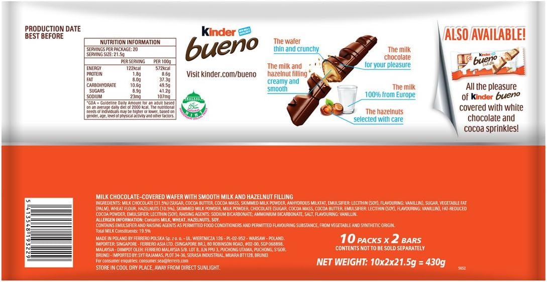 Kinder Bueno Milk Chocolate & Hazelnuts Multipack, 10 x 43g (430g) – Individually Wrapped Chocolate Bars with Crispy Wafer and Creamy Hazelnut Filling 7