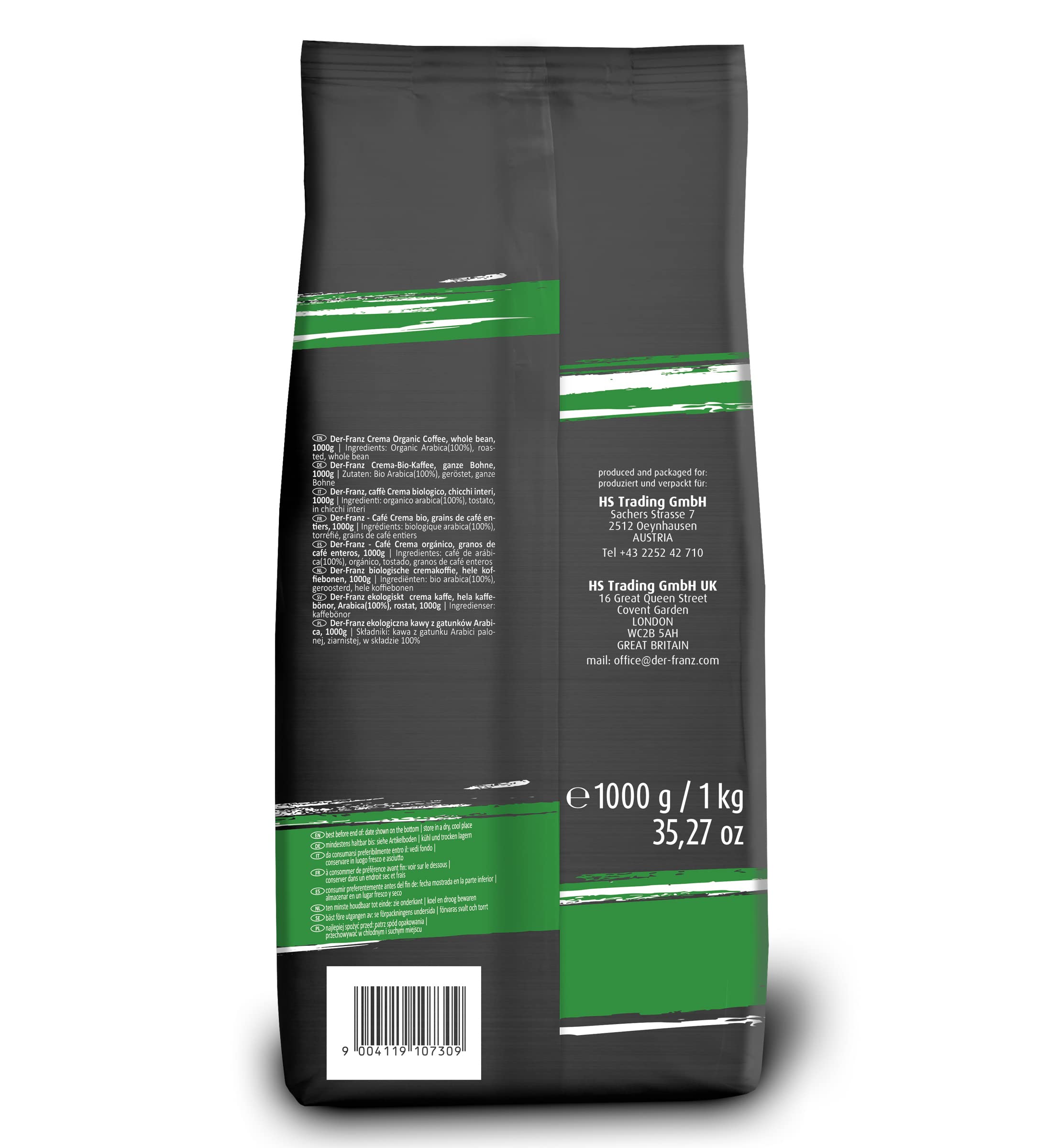 Der-Franz Crema Organic Coffee, Ground, 1000 g
