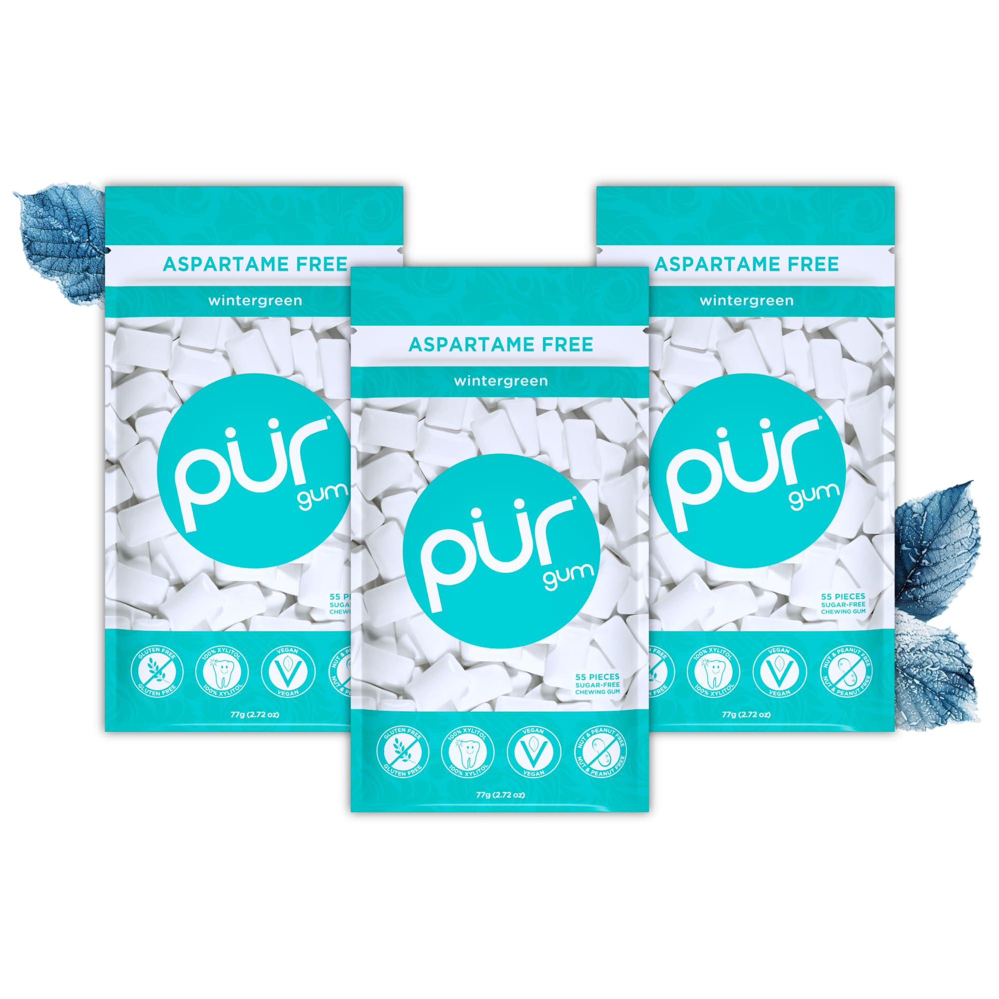 PUR Gum Sugar Free Chewing Gum - Natural Wintergreen, Xylitol Sweetened | Vegan, Keto Friendly (3 Pack of 55 Count) 1