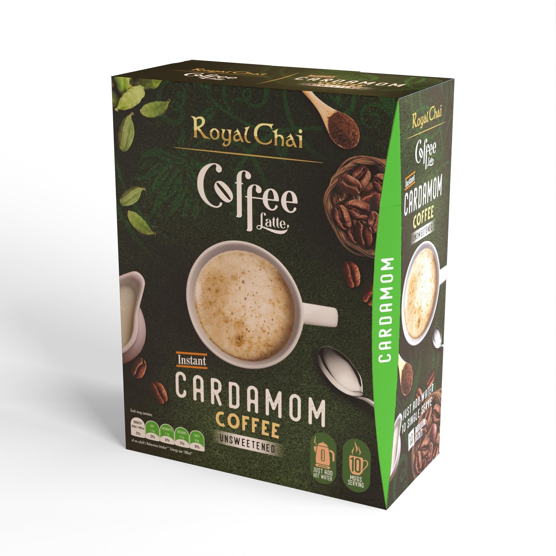 Royal Chai Coffee Latte Cardamom Unsweetened - 10 Single Serving Sachets