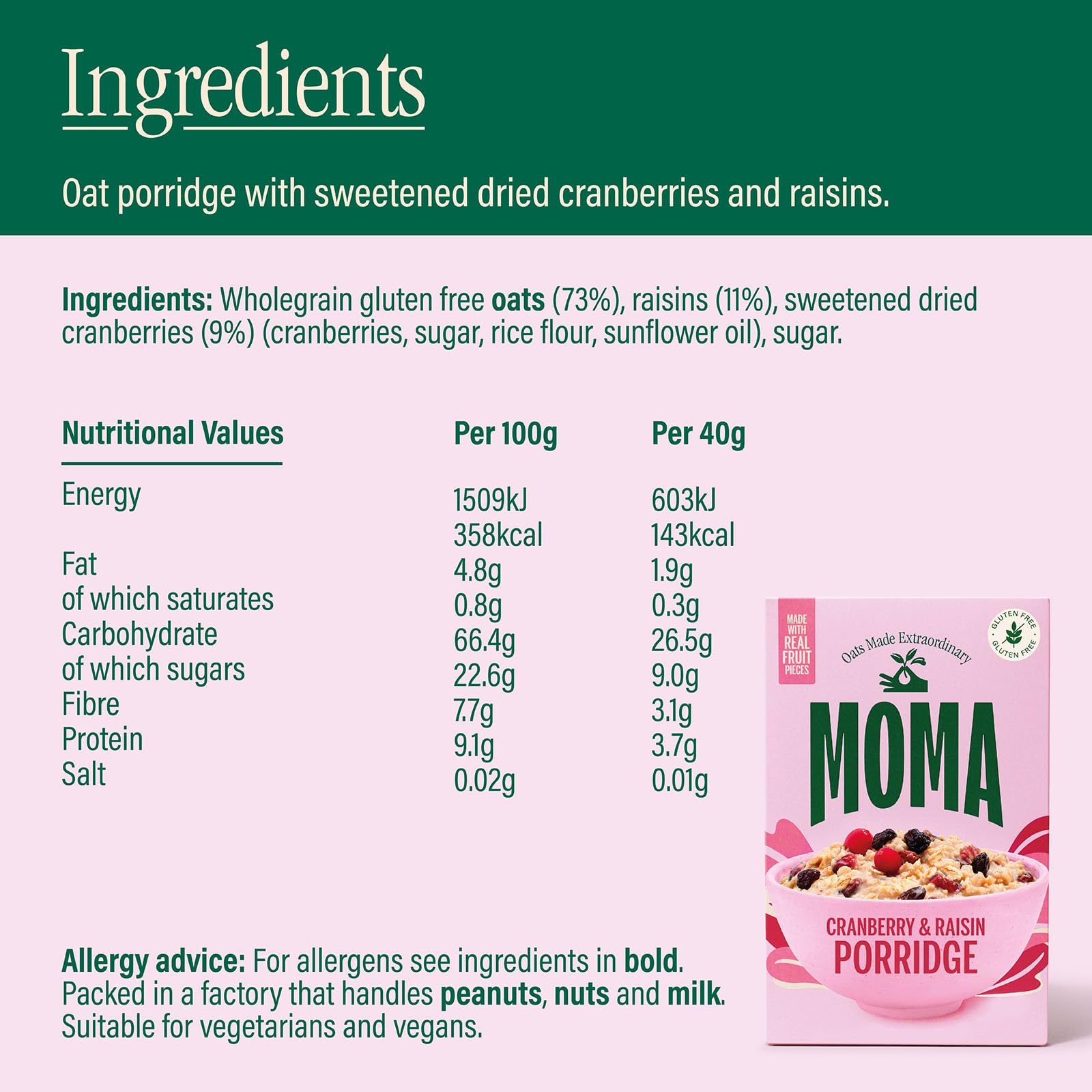 MOMA Cranberry & Raisin Porridge Sachets - 6 x 40g - Made with British Oats 4