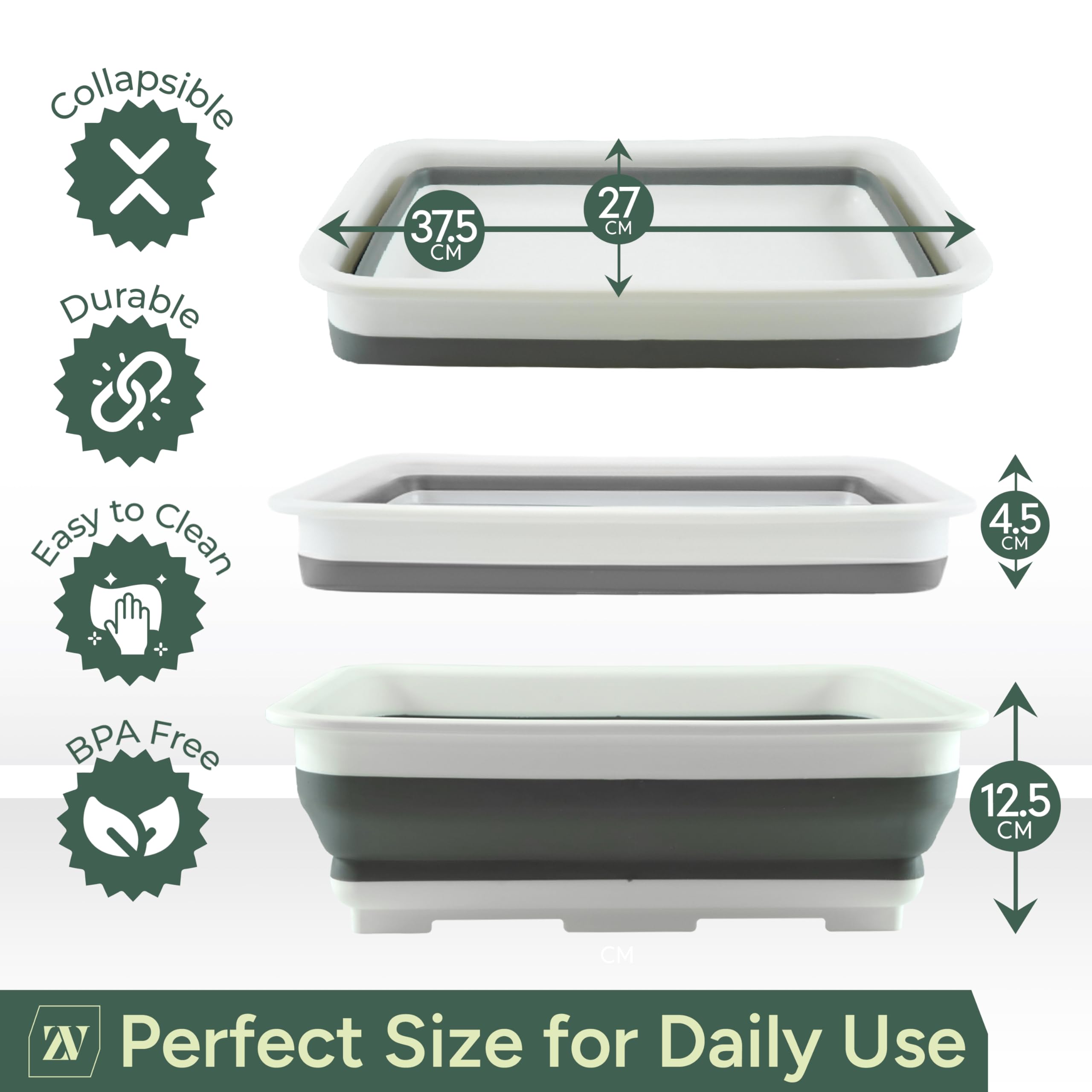 Zuvo Collapsible Washing Up Bowl - 10L Capacity | Folds to 5cm High | Durable PP & Silicone 2