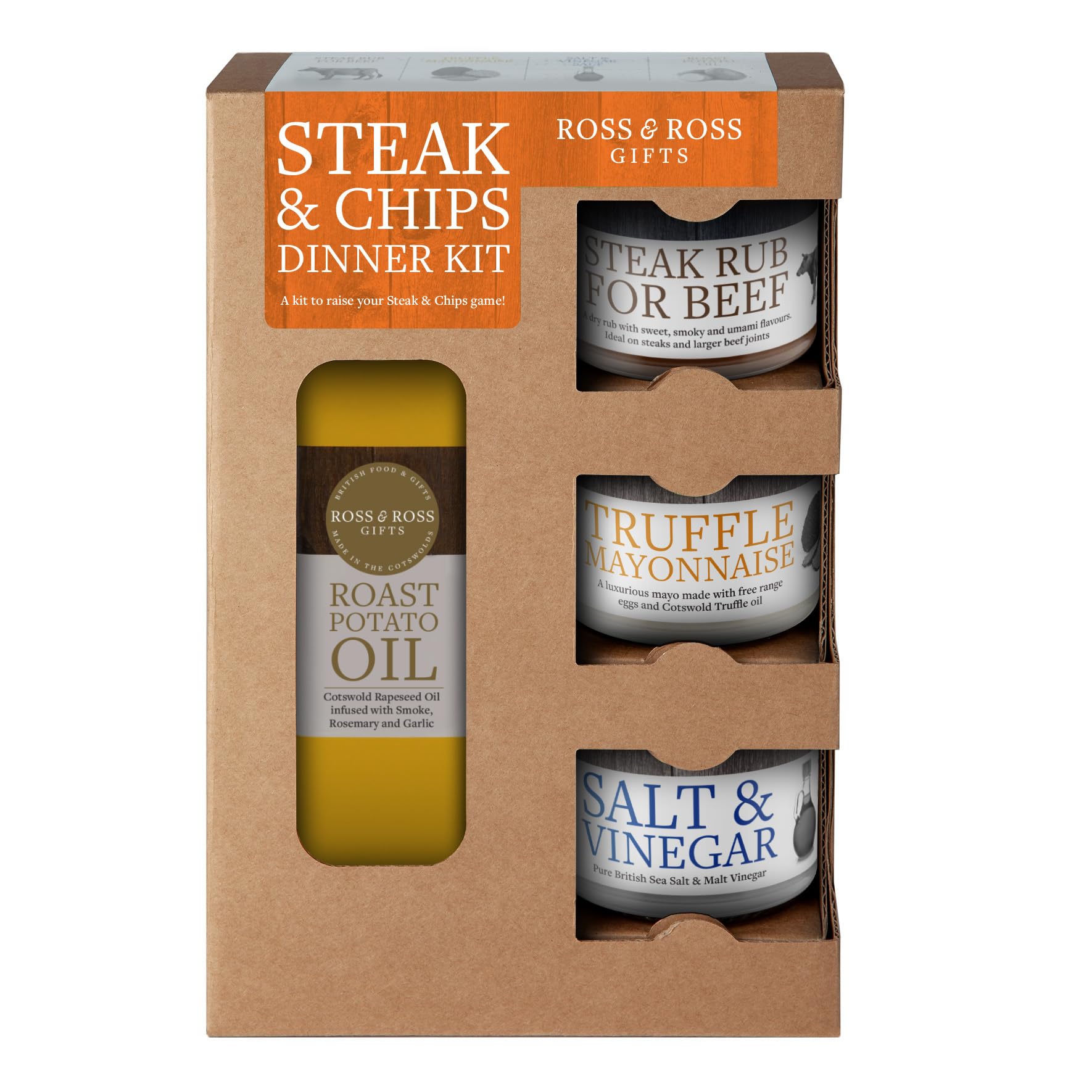 Ross & Ross Gifts - Steak and Chips Quad Kit with Roast Potato Oil, Steak Rub, Salt & Vinegar Salt, Truffle Mayonnaise 3