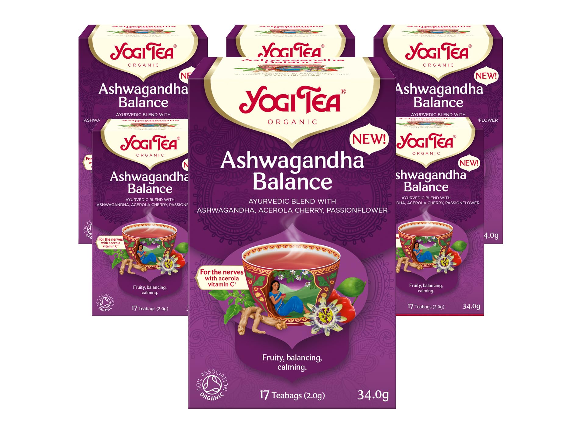 Yogi Tea Ashwagandha Balance Organic Herbal Tea Blend - Caffeine-Free Adaptogenic Tea with Ashwagandha, Passionflower & Acerola Cherry