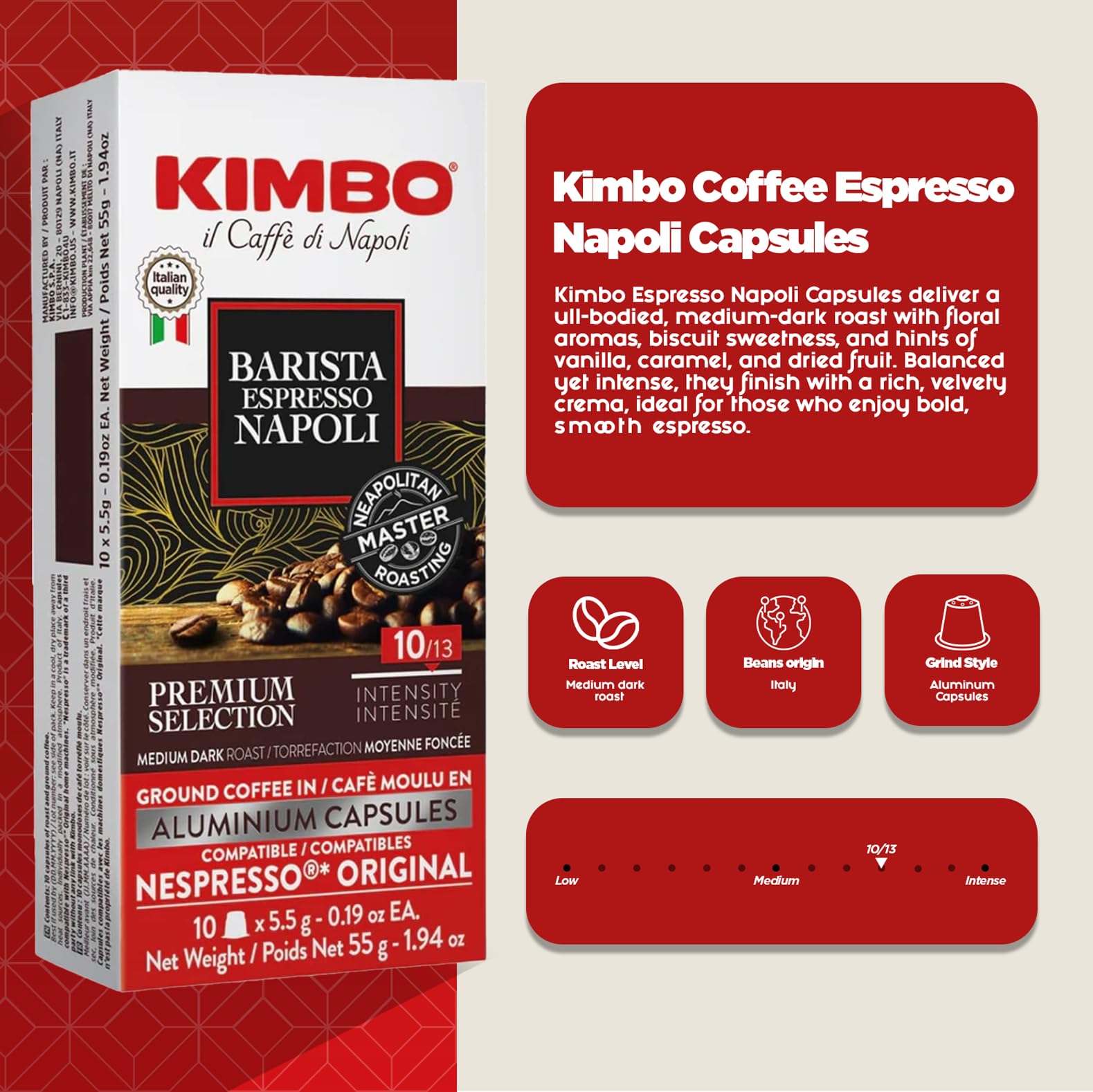Kimbo Espresso Napoli Coffee Capsules (30-Pack) | Medium Dark Roast | 80% Arabica 20% Robusta | Nespresso Compatible 4