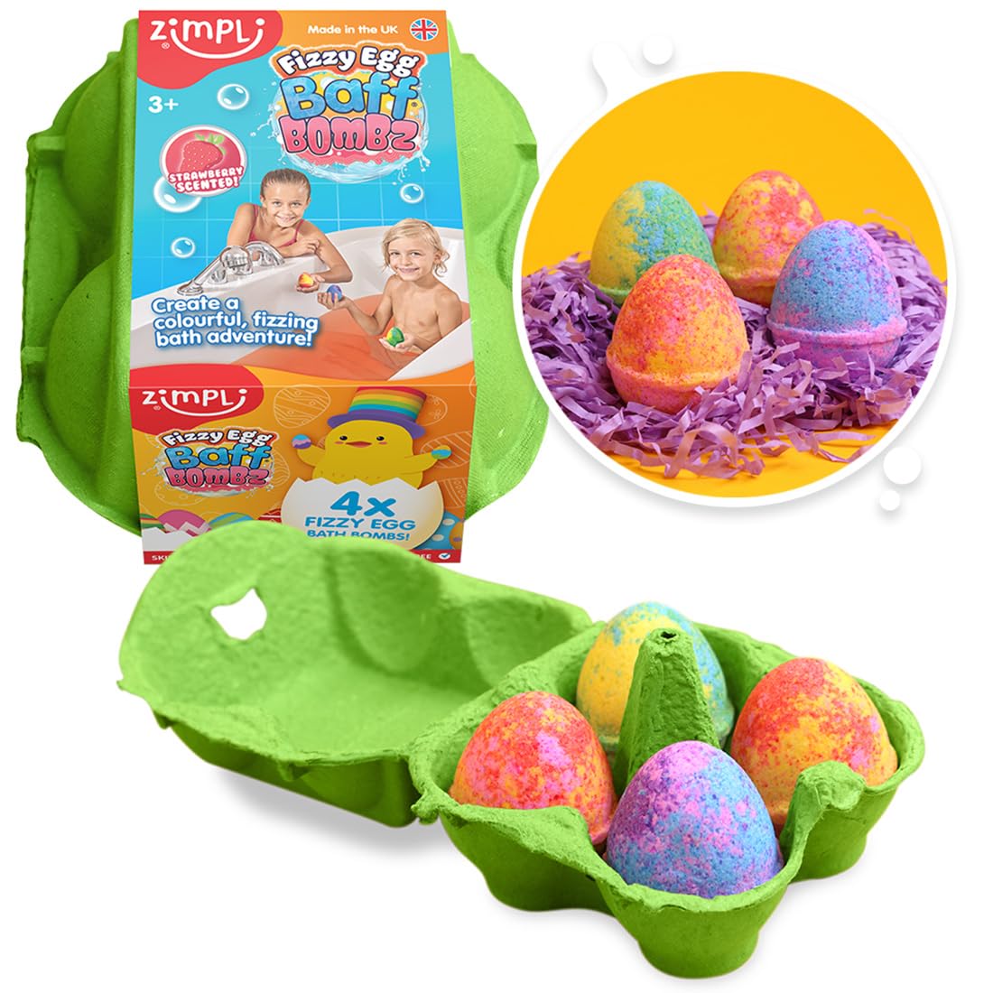ZIMPLI 4 Pack Fizzy Egg Baff Bombz | Strawberry Scented | Ages 3+ | UK Made