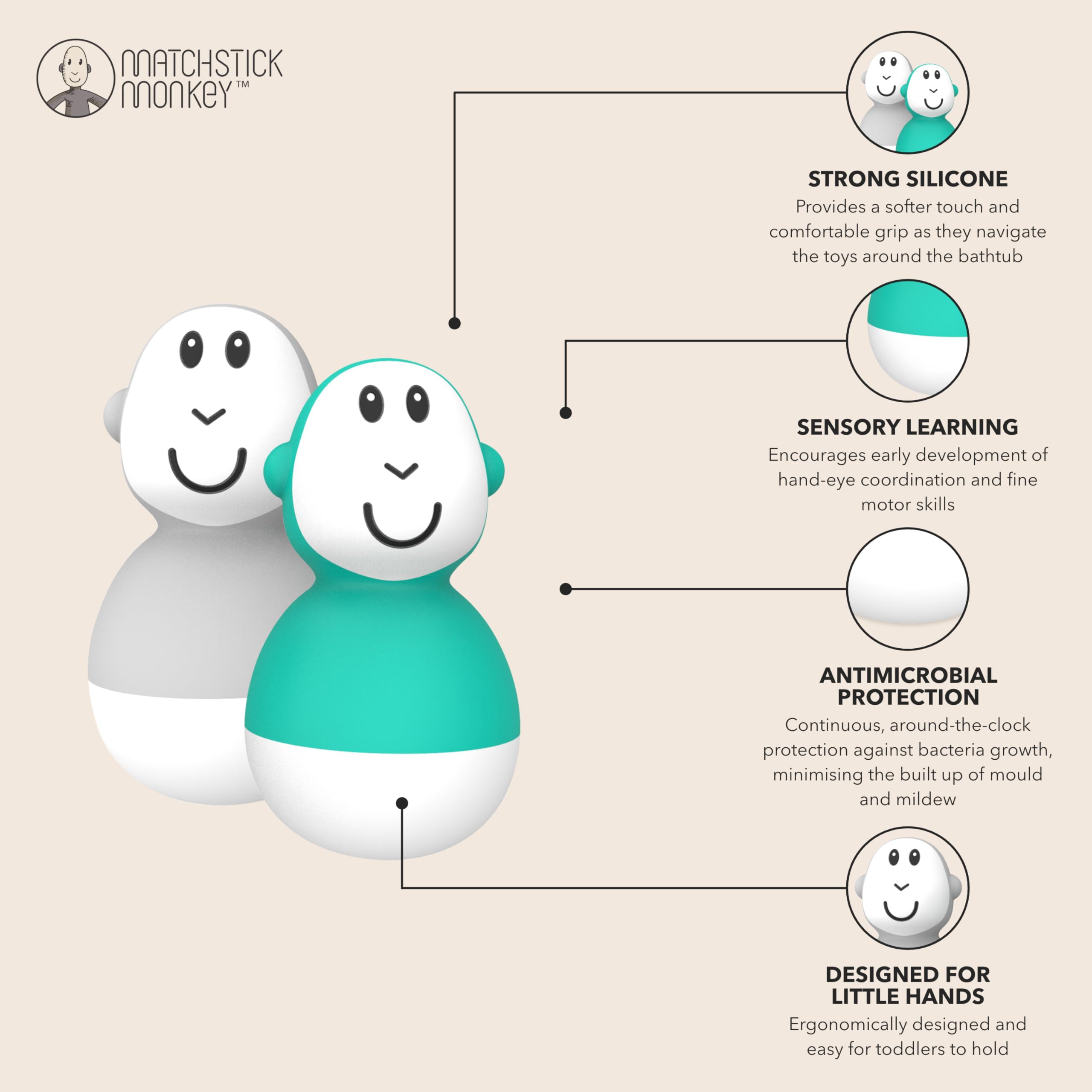 Matchstick Monkey Bathtime Wobblers - Antimicrobial Baby Bath Toy Set for 12+ Months 13