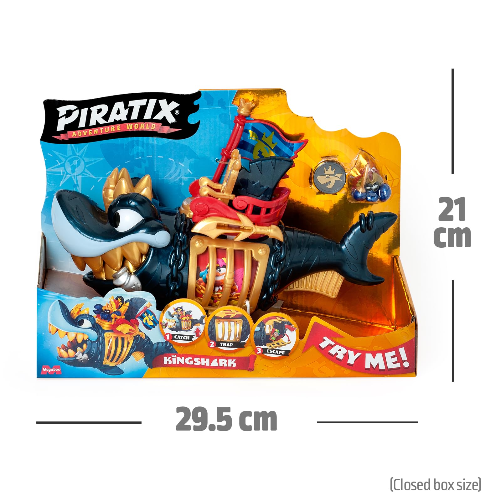 PIRATIX ADVENTURE WORLD King Shark Golden Teeth Playset | Articulated Shark with Cage | Includes Captain Hermitt Figure 9