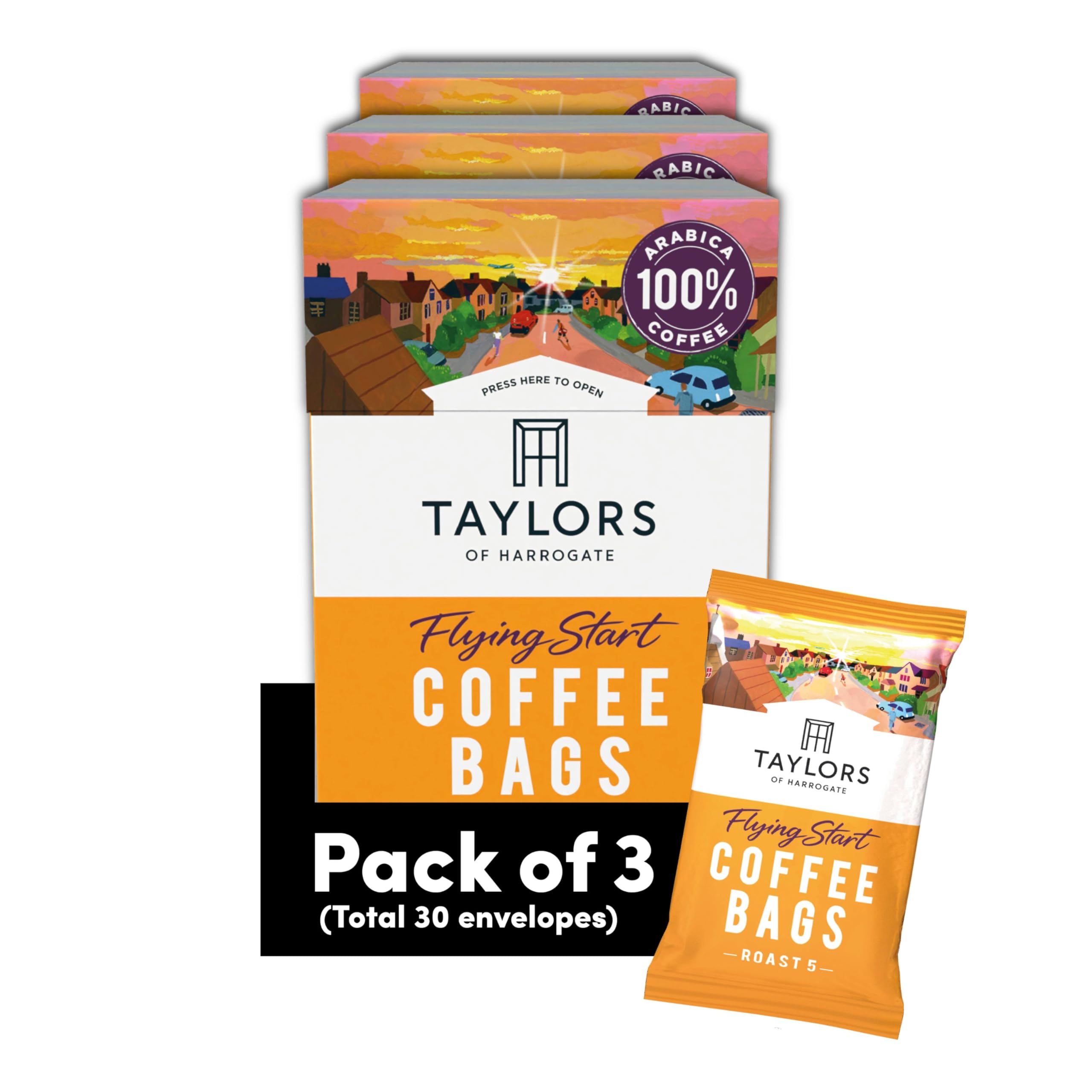 Taylors of Harrogate Flying Start Ground Coffee Bags - Dark Chocolate & Hazelnut Roast | 10 Count (Pack of 3)