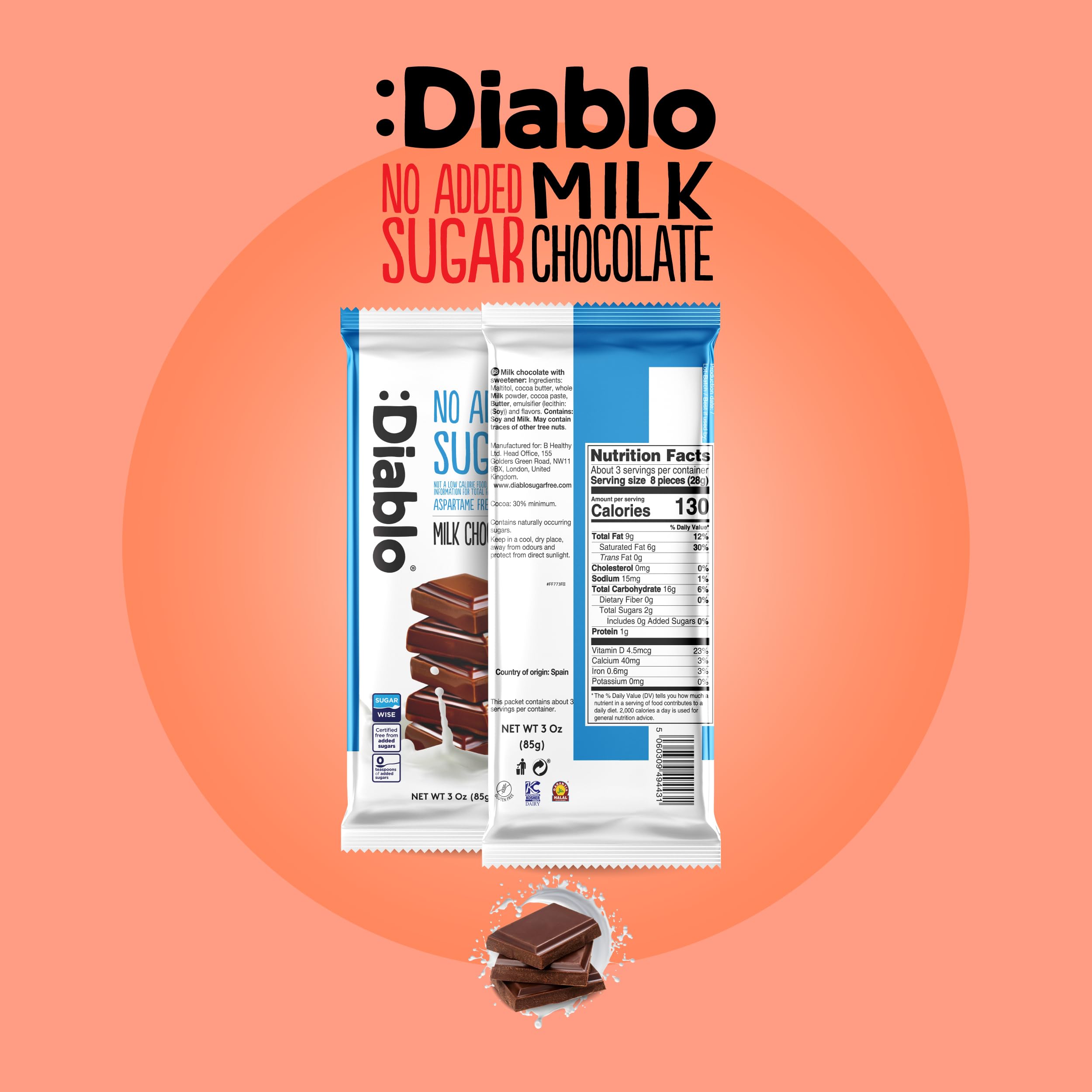 Diablo Milk Chocolate - Maltitol Sweetened, No Added Sugar, Gluten Free