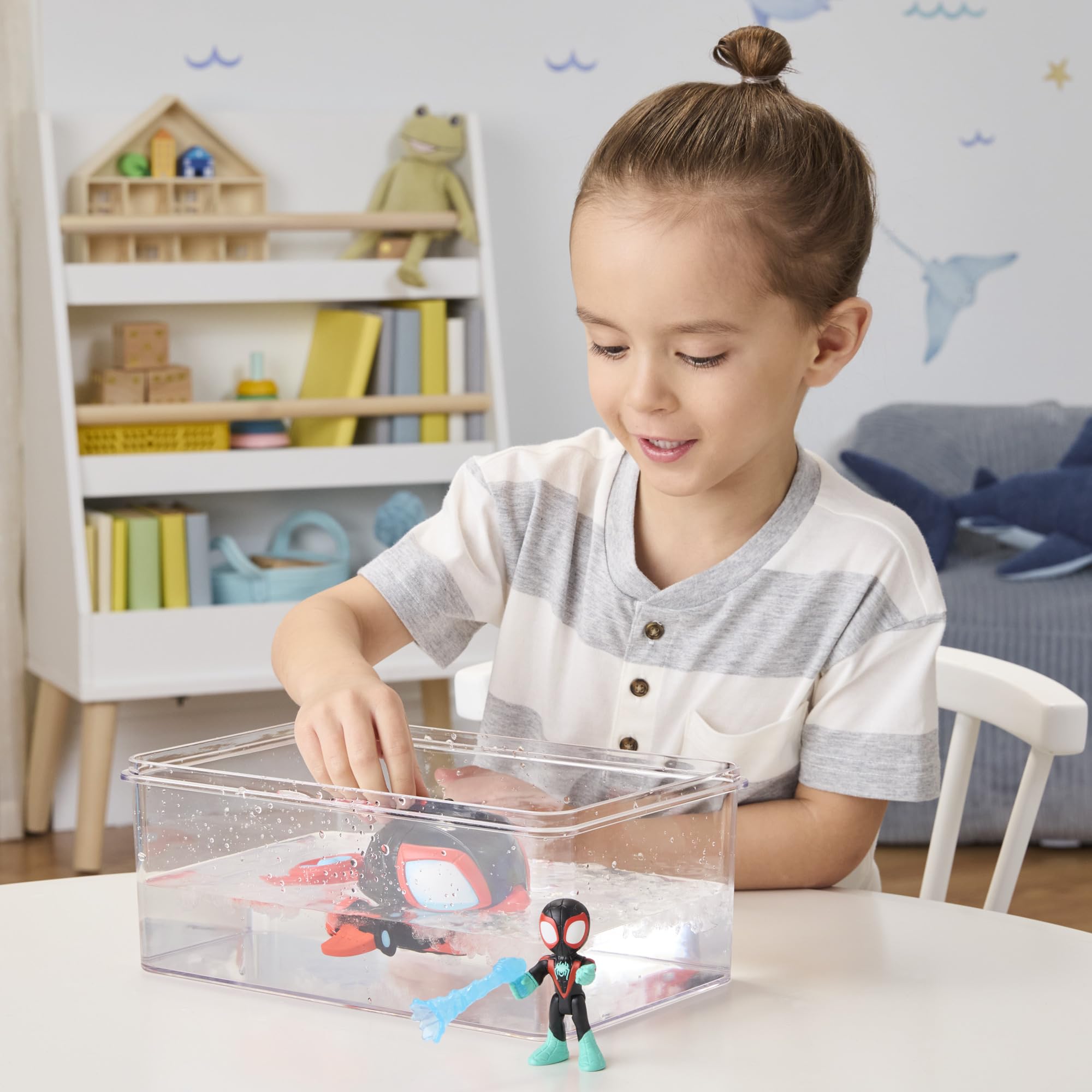 Spidey and His Amazing Friends Water-Webs Spin Dolphin Submarine Toy - Miles Morales Action Figure & Vehicle Playset, Ages 3+