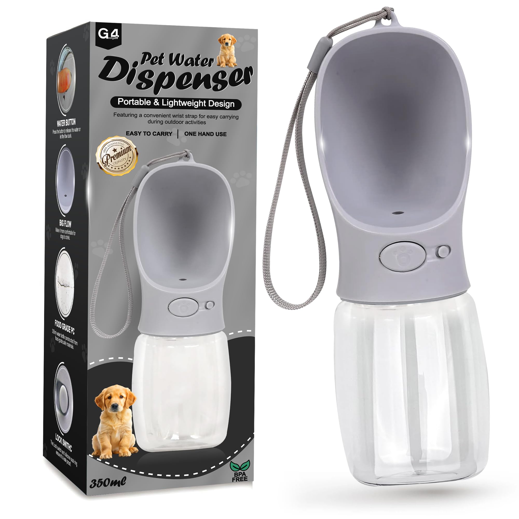 G4GADGET Dog Water Bottle - 350ml Portable Leak-Proof Dispenser for Small Dogs | Food-Grade ABS/PC 1
