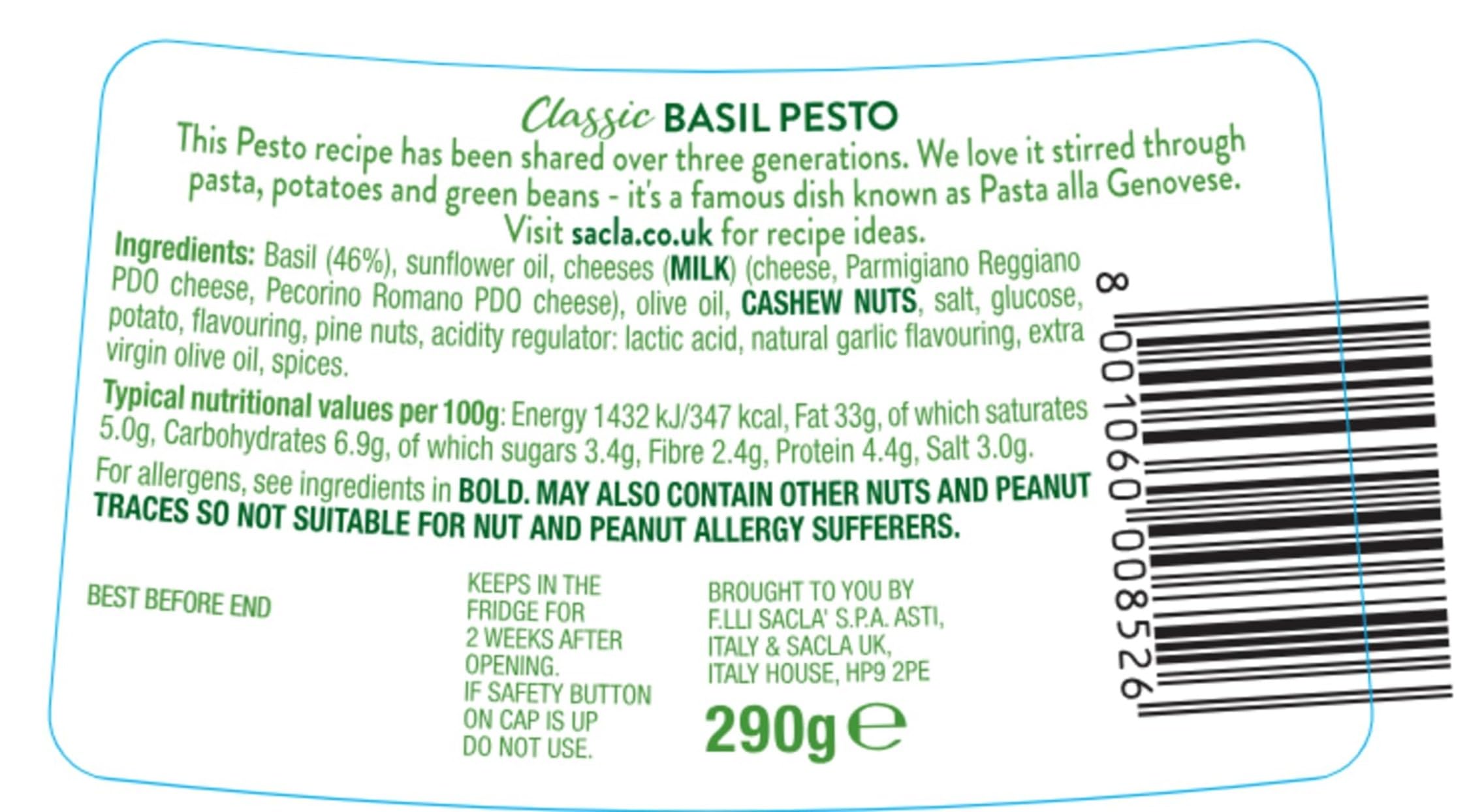 Sacla Classic Basil Pesto - Made with Fresh Basil, Italian Cheeses & Pine Nuts | 290g Jar