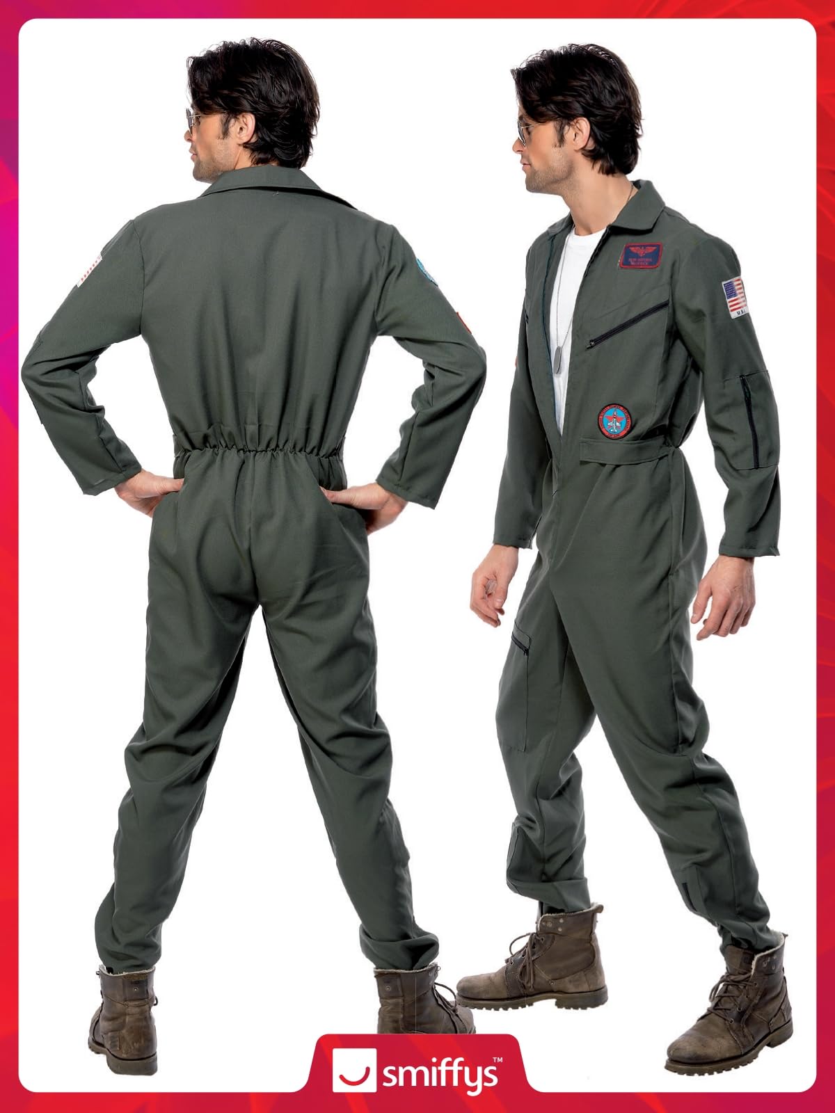 Smiffys Top Gun Pilot Costume - Jumpsuit, Name Tags & Sunglasses (Green) XL 5
