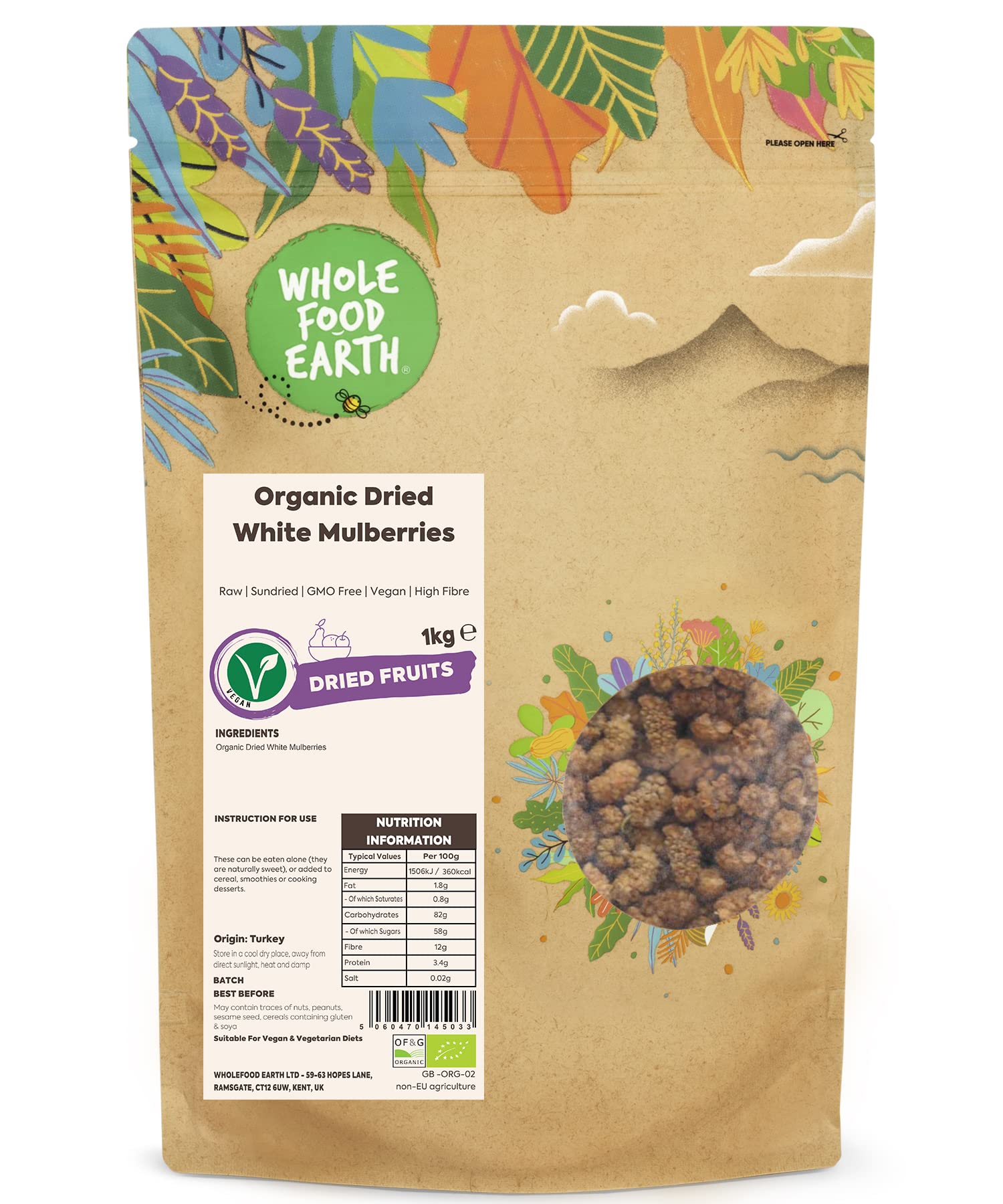 Wholefood Earth Organic Dried White Mulberries - Raw, Sundried | 1 kg