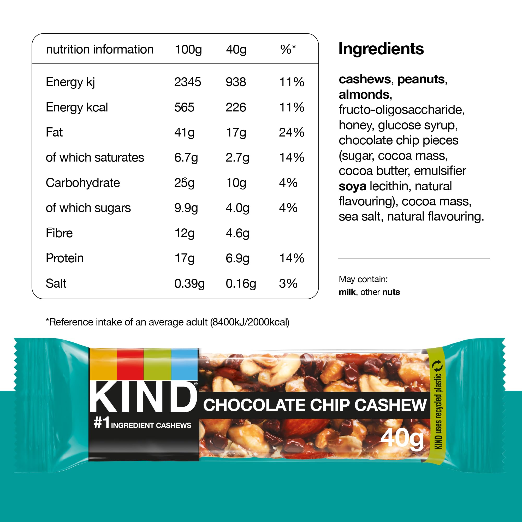 KIND Bars Chocolate Chip Cashew High Fibre Gluten Free Snack Bars No Artificial Ingredients 12 x 40g 6