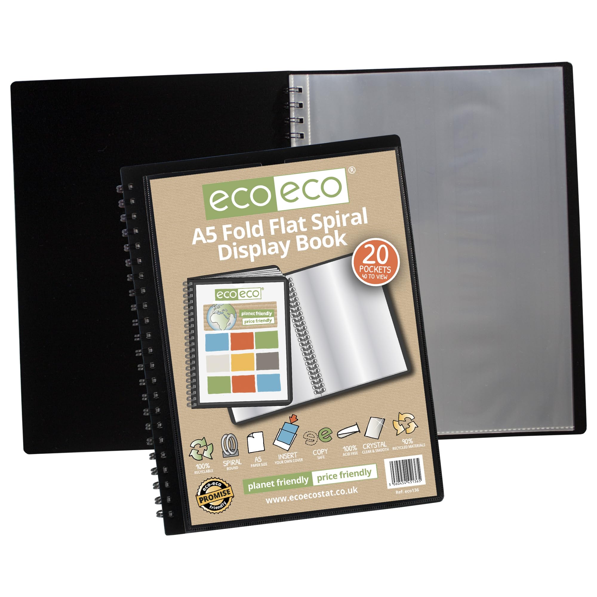 eco-eco A5 20 Pocket Fold Flat Spiral Bound Display Book | 90% Recycled Material | Black Cover