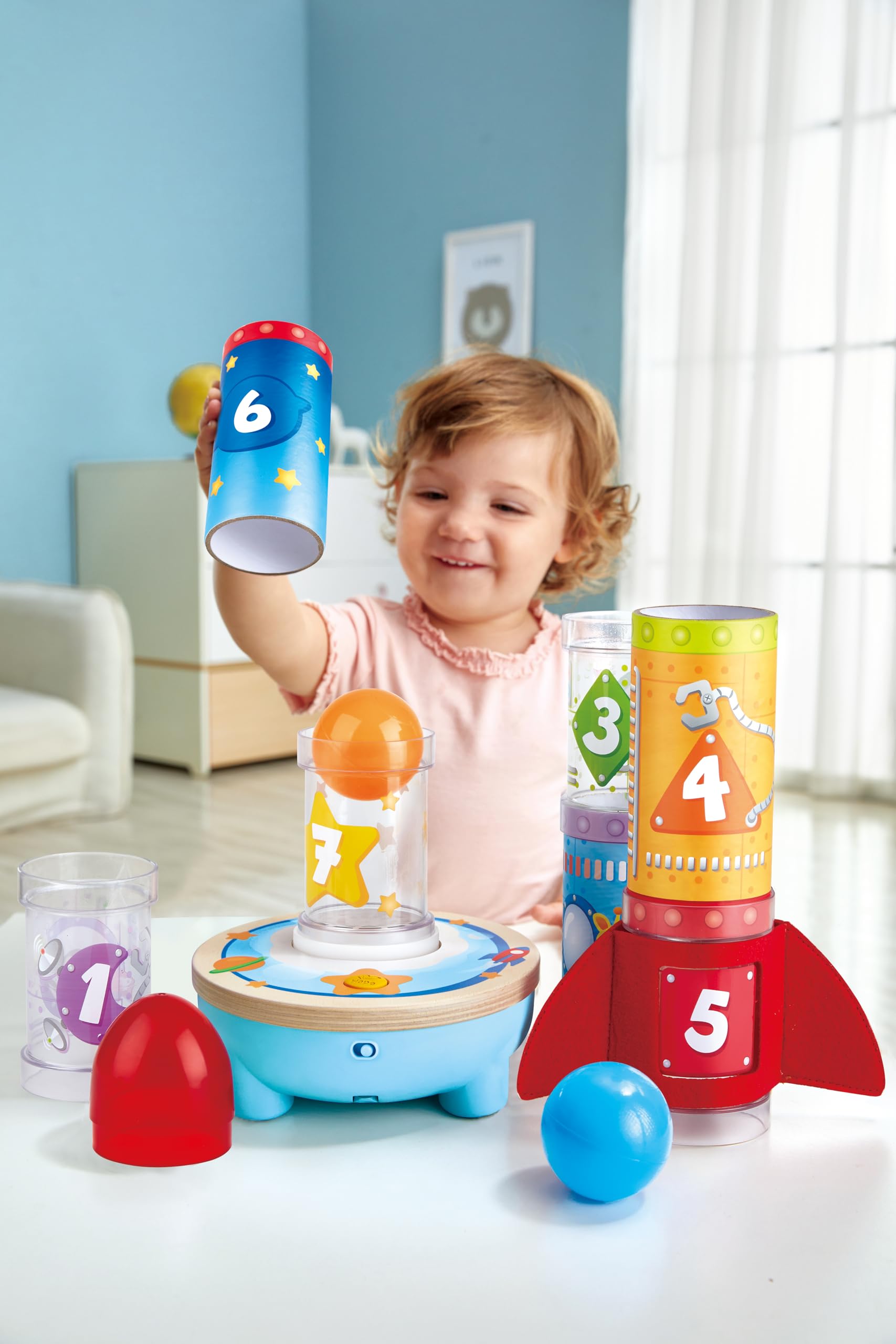 Hape Air-Powered Rocket Stacker Ball Launcher Playset | Ages 24 Months+ | Wood