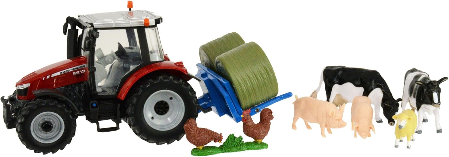 Britains Massey Ferguson 5612 Tractor Playset - 1:32 Scale Farm Toy with Animals & Bale Lifter