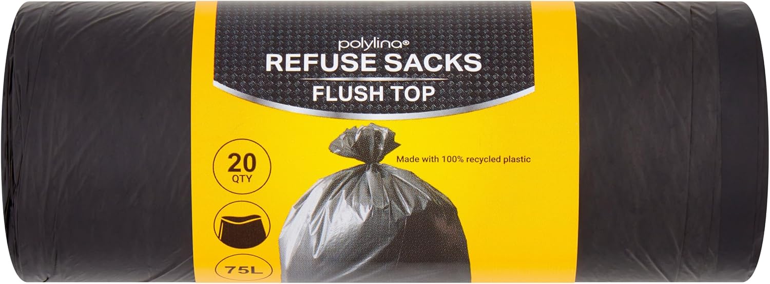 Polylina 20 Pack 75L Flat Top Black Bin Liners Made with 70% Recycled Plastic