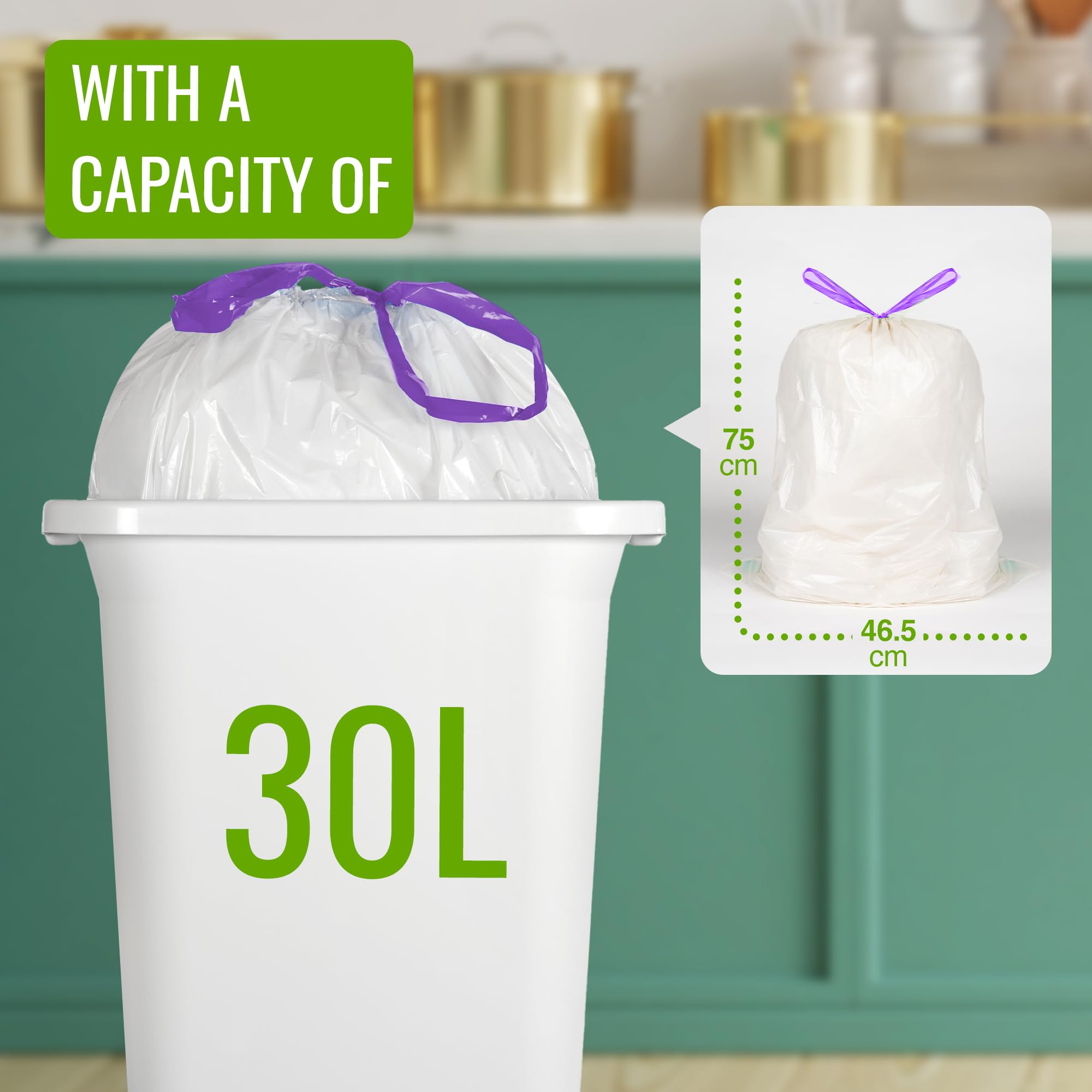 EcoBag Drawstring Bin Liners - 30L Capacity, Lavender Scented, 20 Pack | 25 Micron Heavy Duty