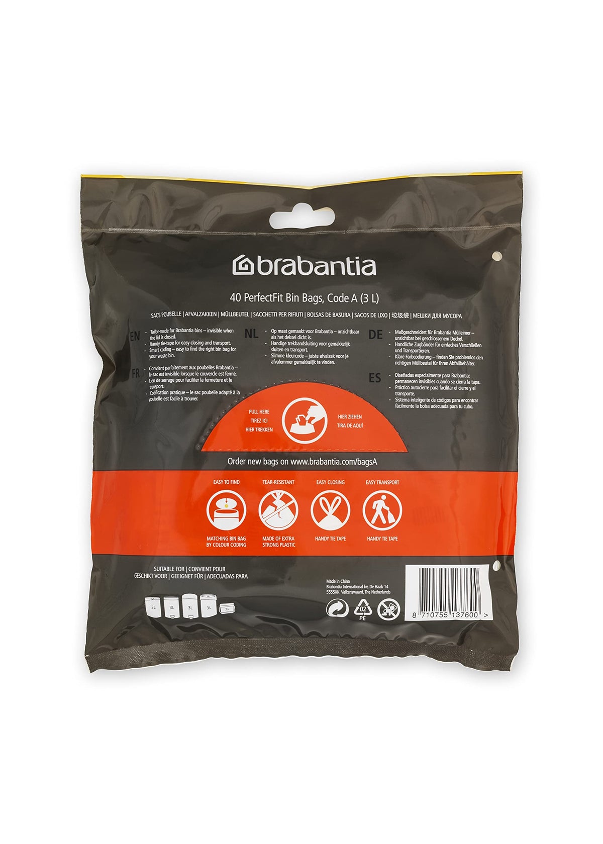 Brabantia PerfectFit Bin Liners - 40 Count, Size A, 3 Litre
