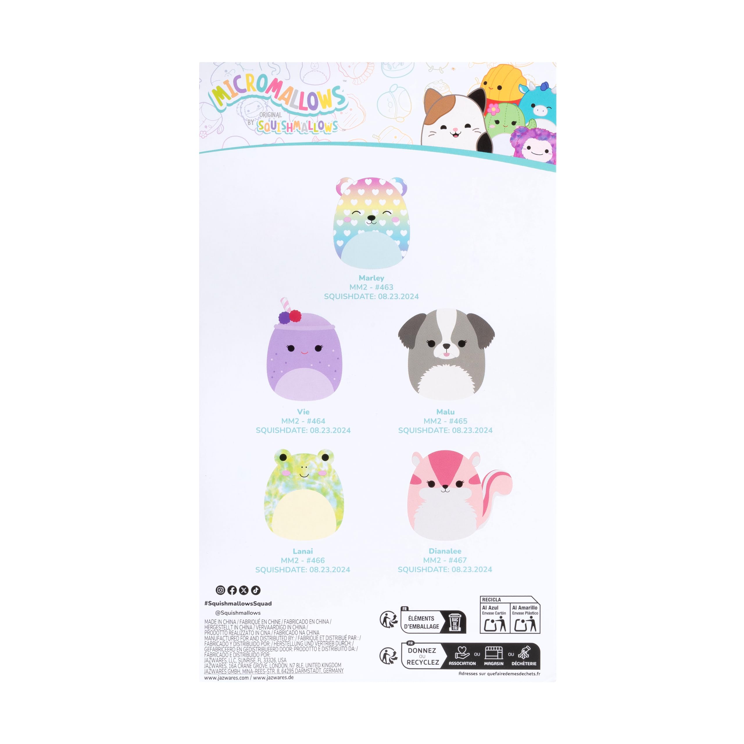 Micromallows Squishmallows 5-Pack Plush - Chipmunk, Frog, Bear, Smoothie, Dog 5