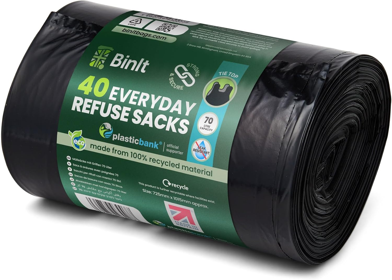 BIN IT 70L Tie Top Bin Liners, 100% Recycled Leak-Resistant Refuse Sacks for Home, Office & Garden 5