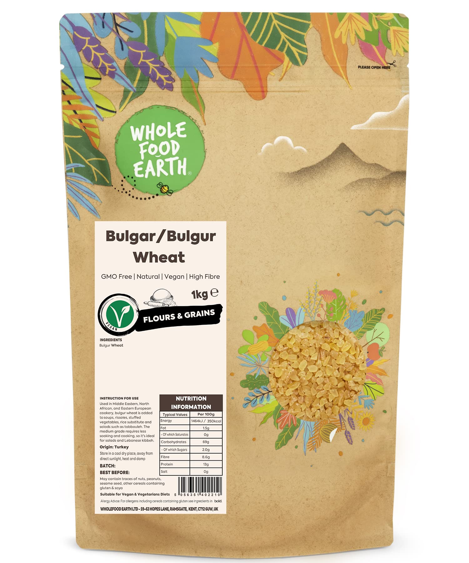 Wholefood Earth Bulgur Wheat 1 kg | GMO Free | High Fibre | Natural | Recyclable Packaging