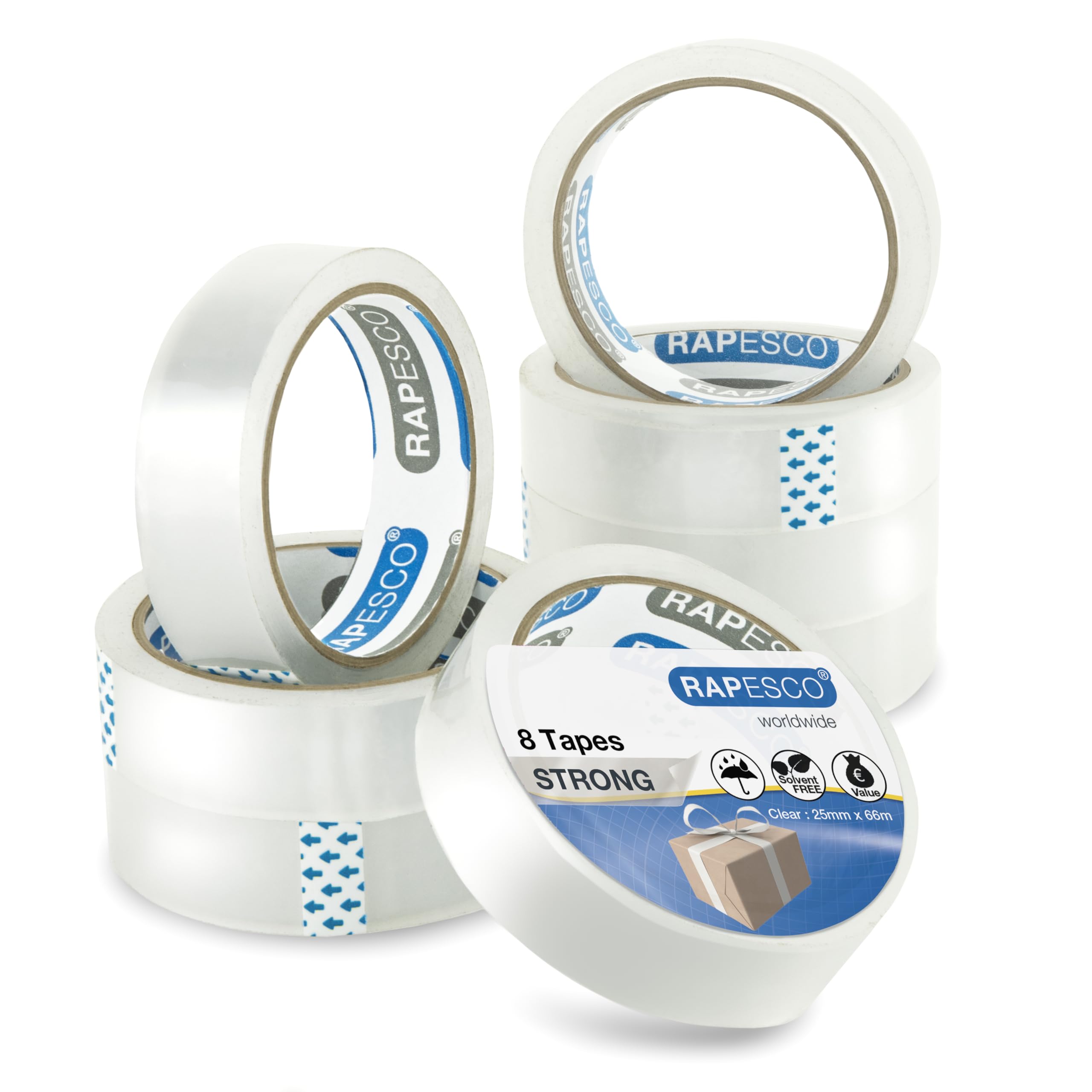 RAPESCO 1808 Transparent Adhesive Tape Rolls - 8 Pack, 25mm x 66m, Clear Refills for 3" Core Dispensers