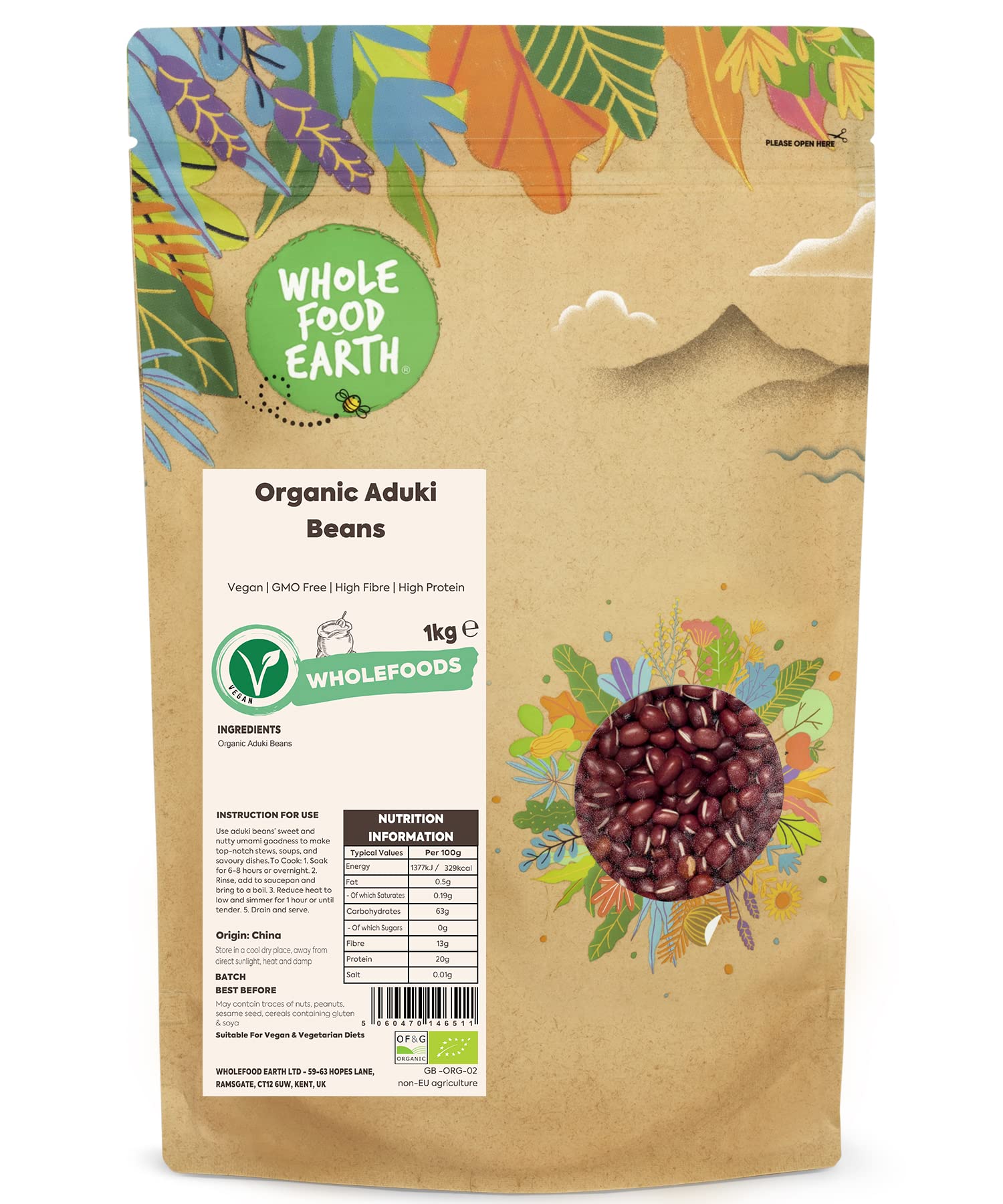 Wholefood Earth Organic Aduki Beans 1kg | Vegan, GMO Free, High Fibre | Certified Organic