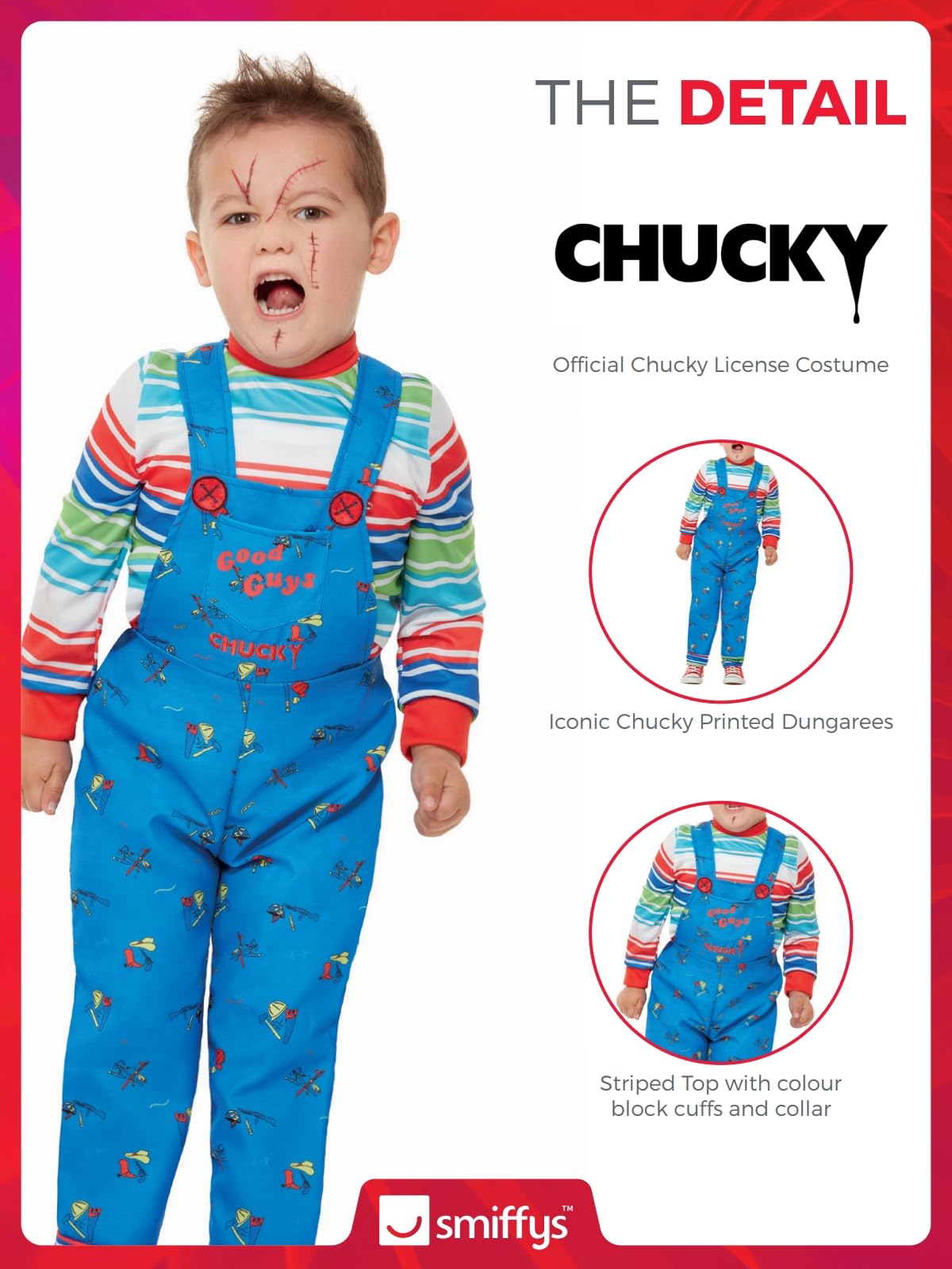 Smiffys Chucky Costume - Kids Blue Striped Top and Printed Dungarees 6