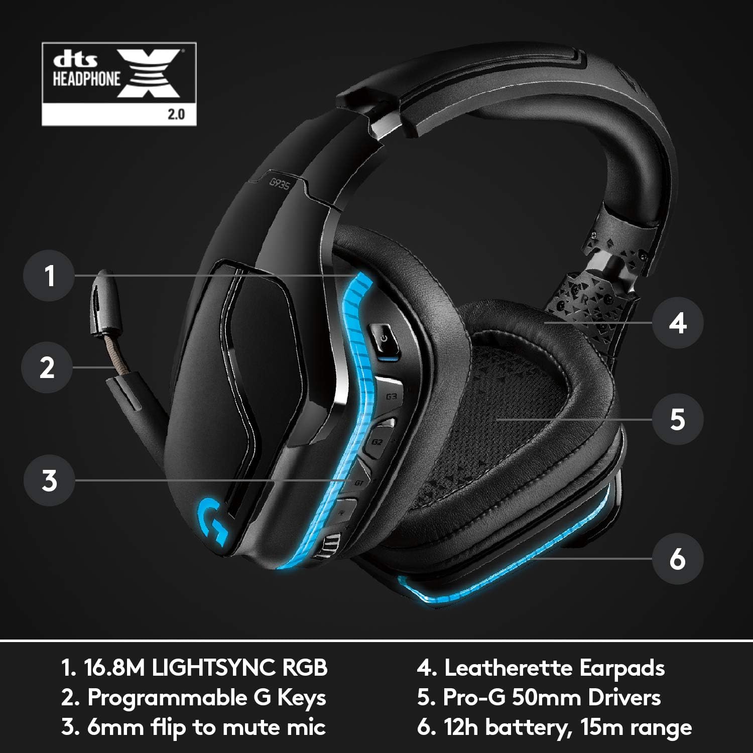 Logitech G935 Wireless Gaming Headset with 7.1 Surround Sound, DTS Headphone:X 2.0, LIGHTSYNC RGB, 50 mm Pro-G Drivers, 6 mm Mic 7