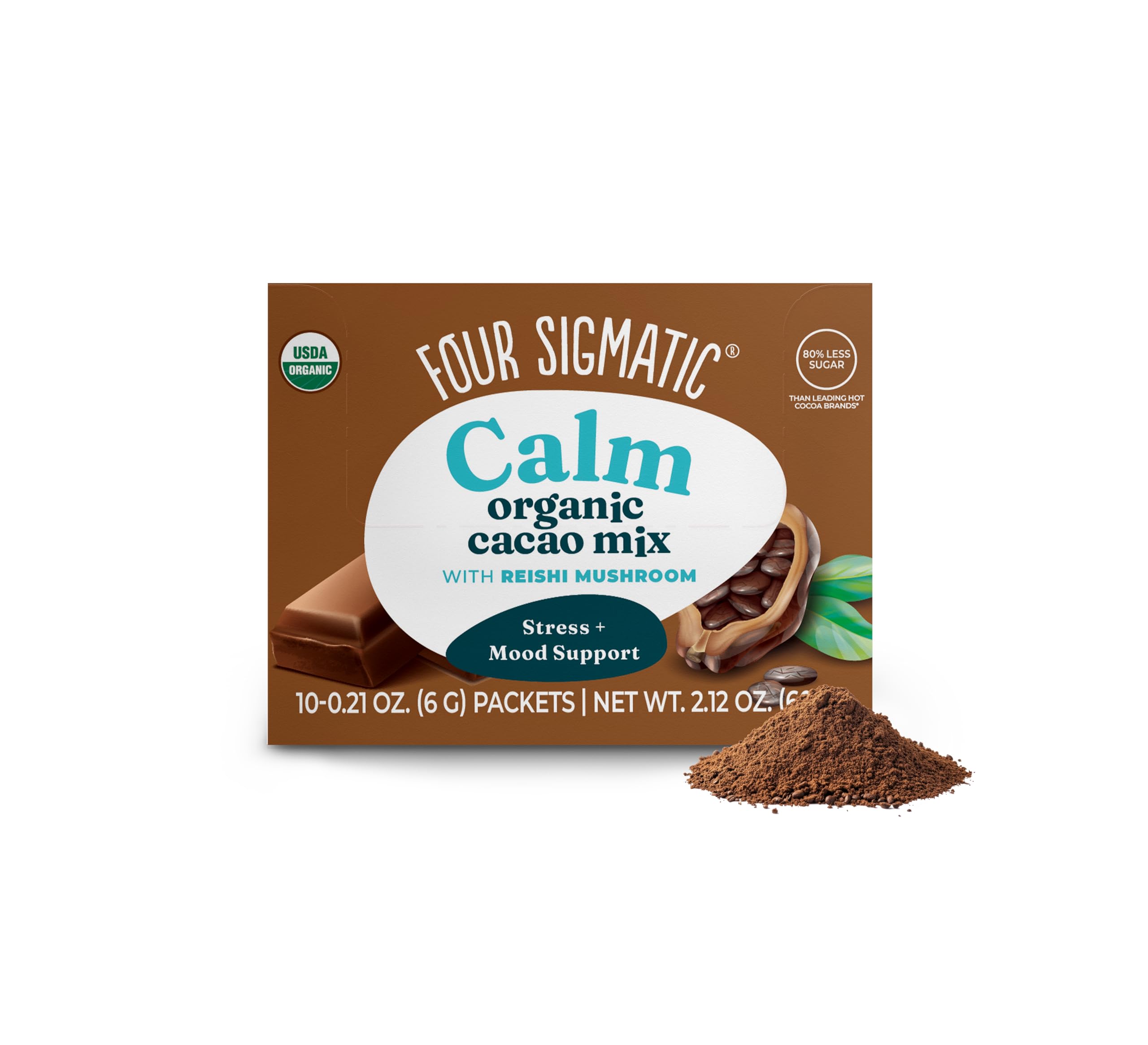 Four Sigmatic Calm Mushroom Cacao Mix with Reishi - Organic, Vegan, Gluten Free | 10 Servings (6g Each)