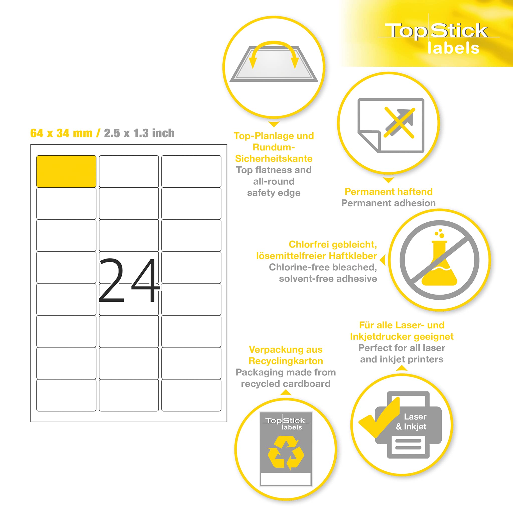 TopStick 8777 Address Mailing Labels - 2400 Labels Total | 64 x 34 mm | 100 Sheets 6