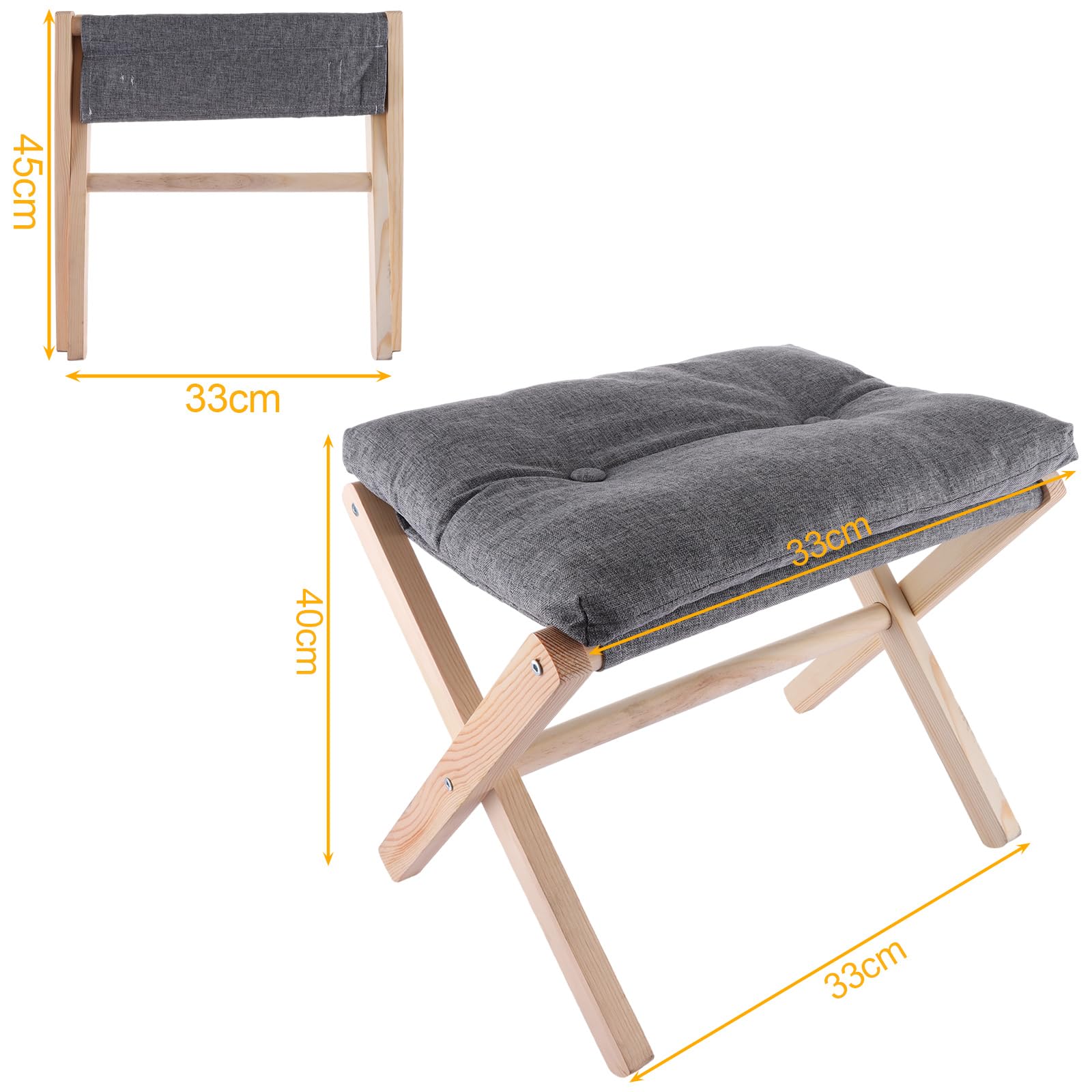 ASelected Wooden Folding Footstool with Soft Cushion | 45x33x33cm | Dark Grey