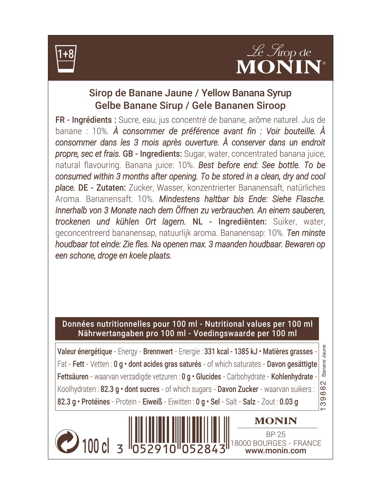 Monin Premium Yellow Banana Syrup - 1L Bottle | Vegan, Natural Flavouring