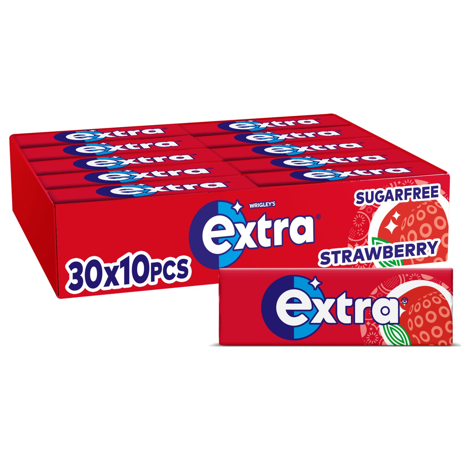 Extra - Strawberry Flavour Sugar Free Chewing Gum, 30 Packs (300 Pieces) with Xylitol