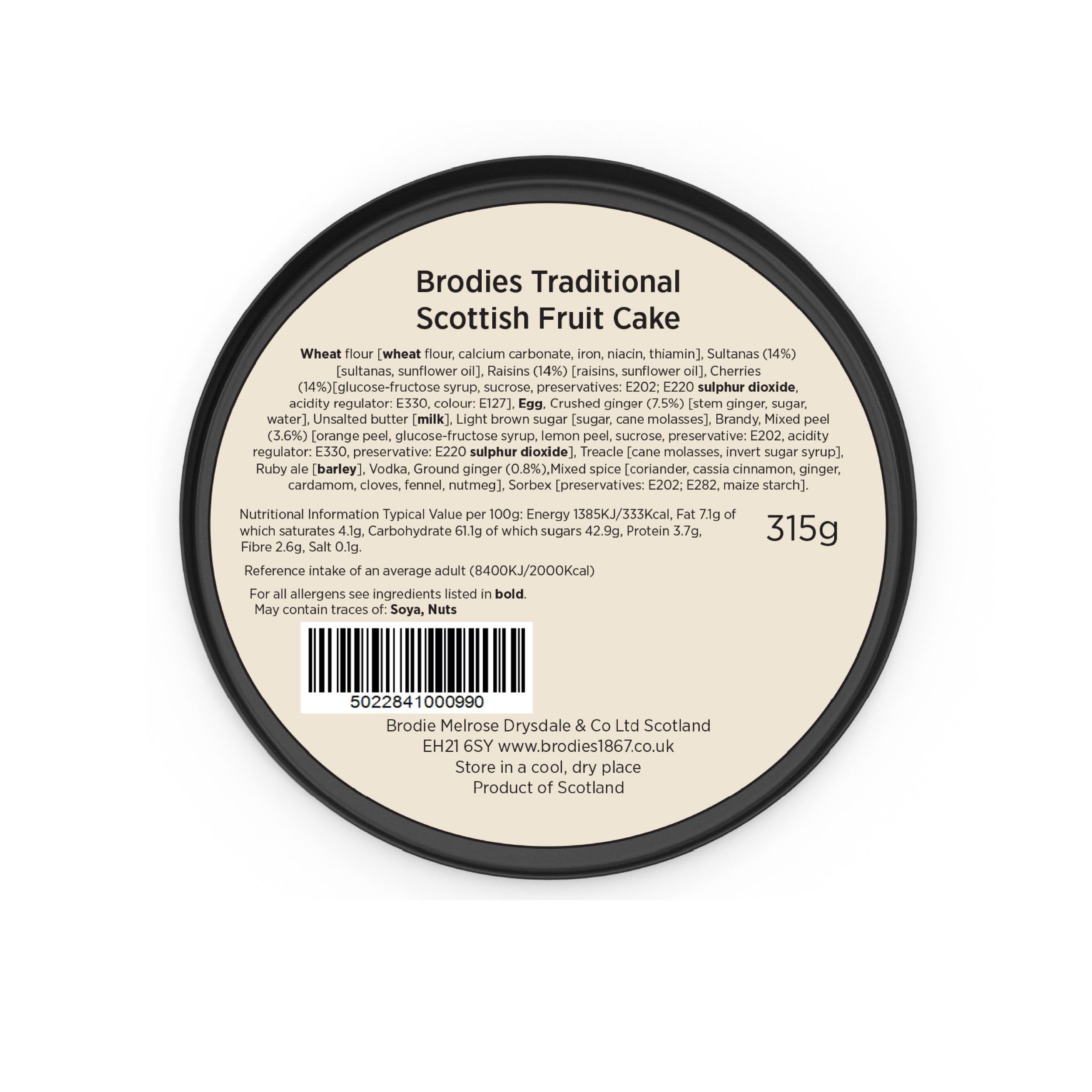 Brodies Traditional Scottish Fruit Cake - 315g - Infused with Ginger and Ale