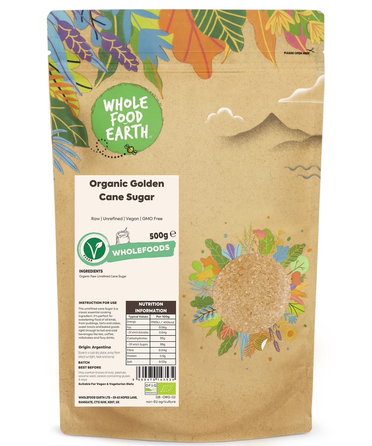 Wholefood Earth Organic Golden Cane Sugar 500g | Unrefined | Raw | Vegan