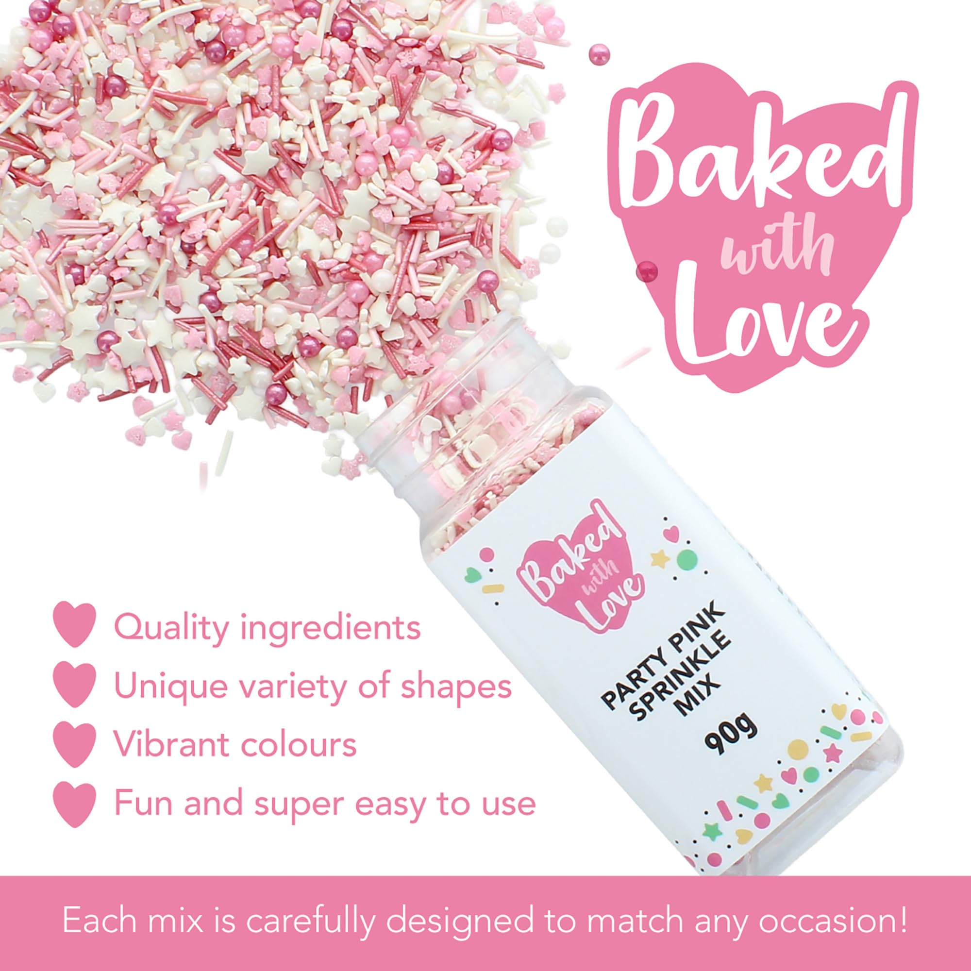 Baked with Love Pink Sprinkles - Pink & White Sugar Mix | 90g Resealable Bottle 2