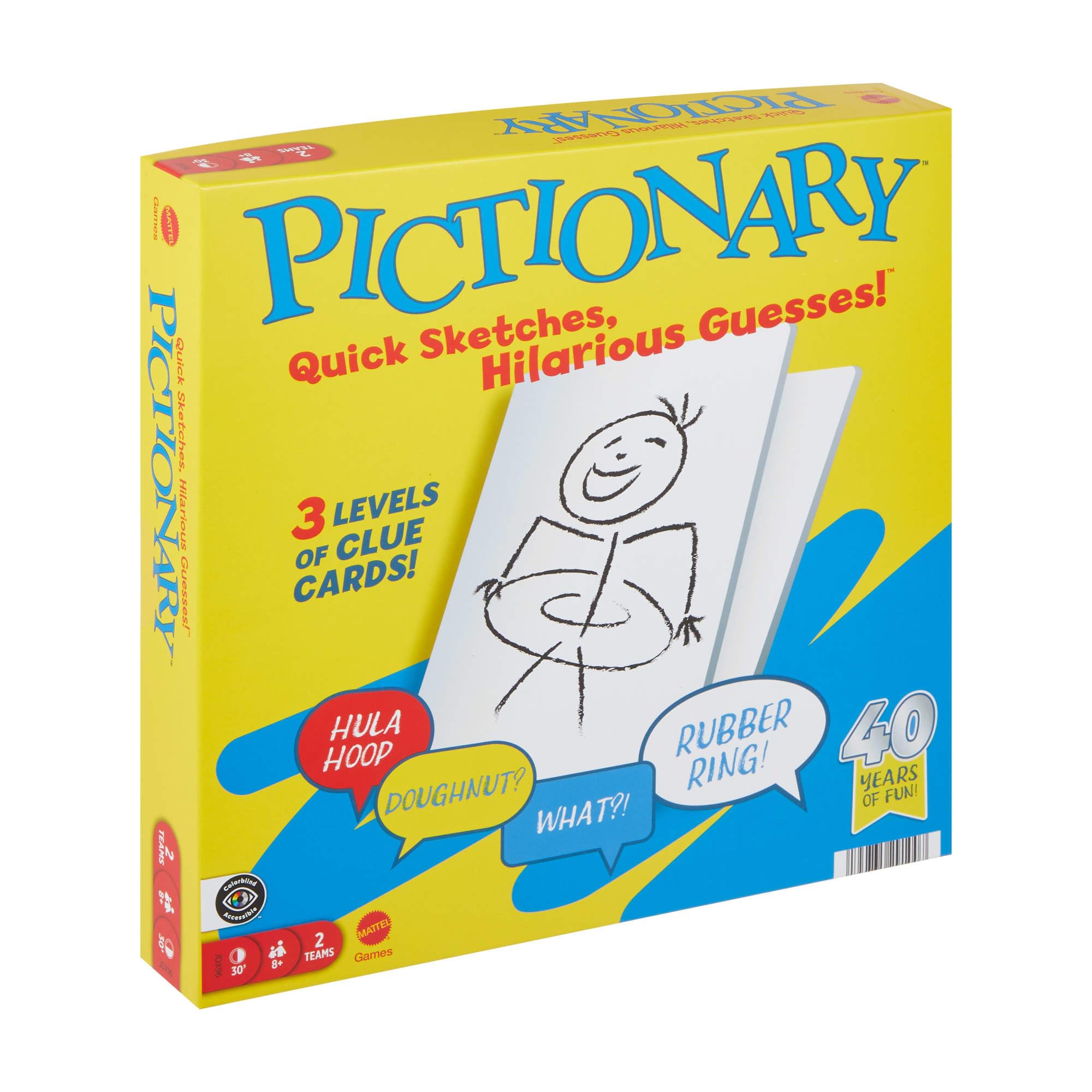 Mattel Games Pictionary Family Board Game for Kids and Adults with Erasable Markers, Boards, Sand Timer, JDX96