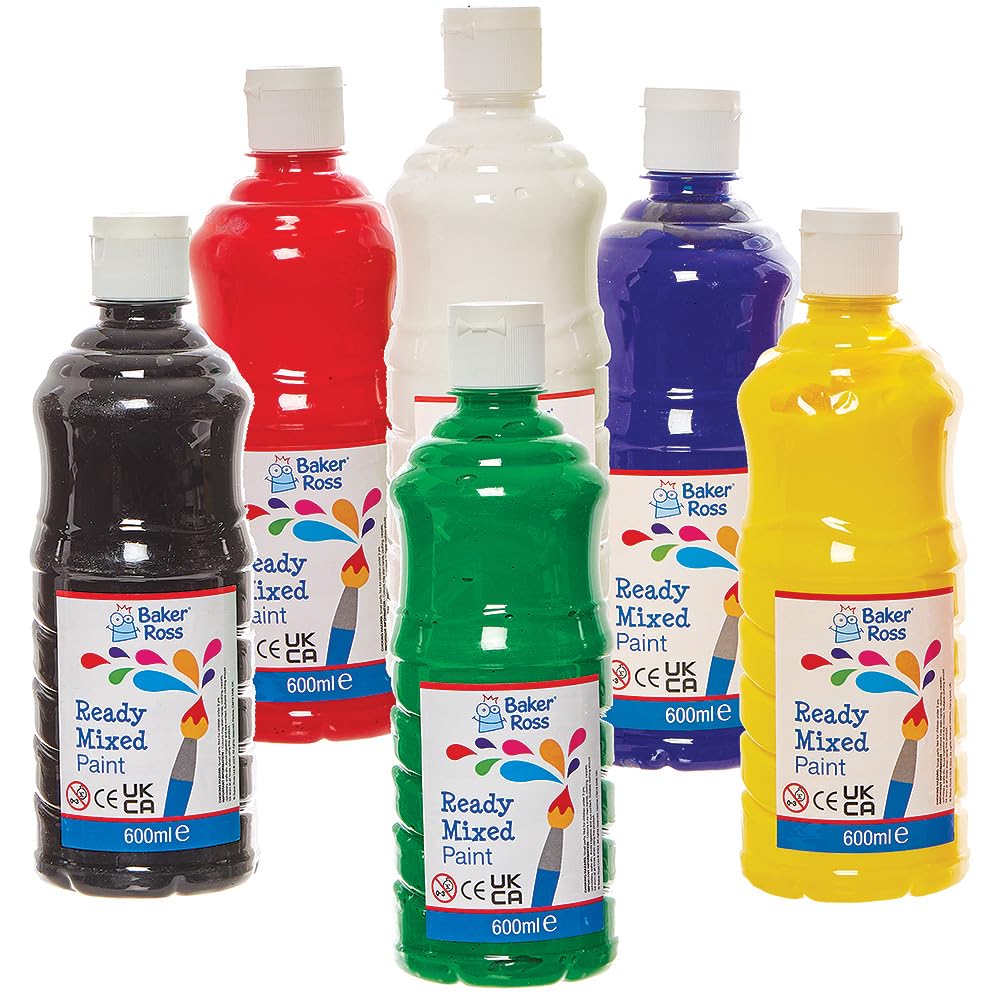 Baker Ross FN163 Primary Colours Ready Mixed Poster Paints - Pack of 6, 600ml Each
