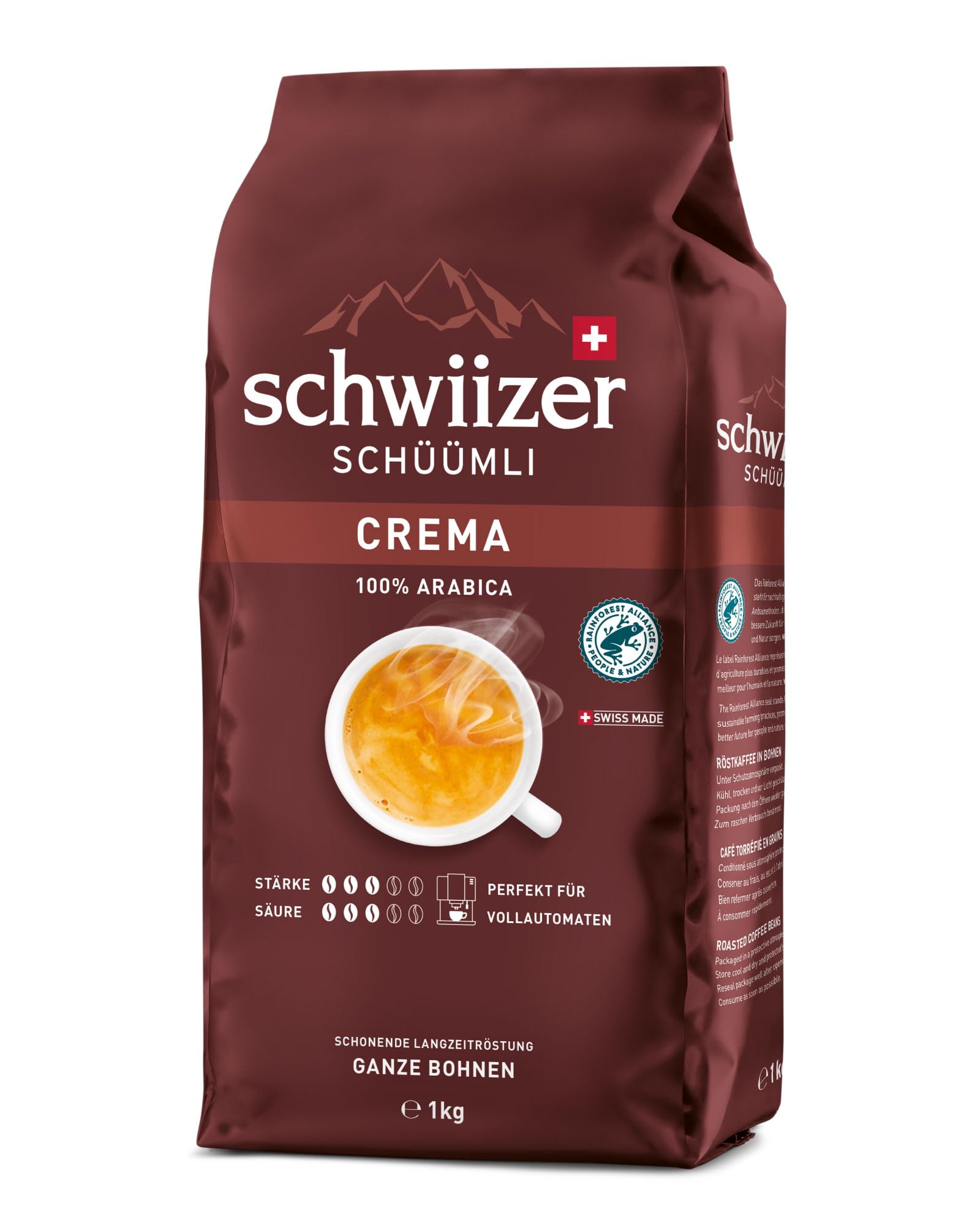 Schwiizer Schüümli Crema 100% Arabica Whole Coffee Beans, Medium Roast, 1kg