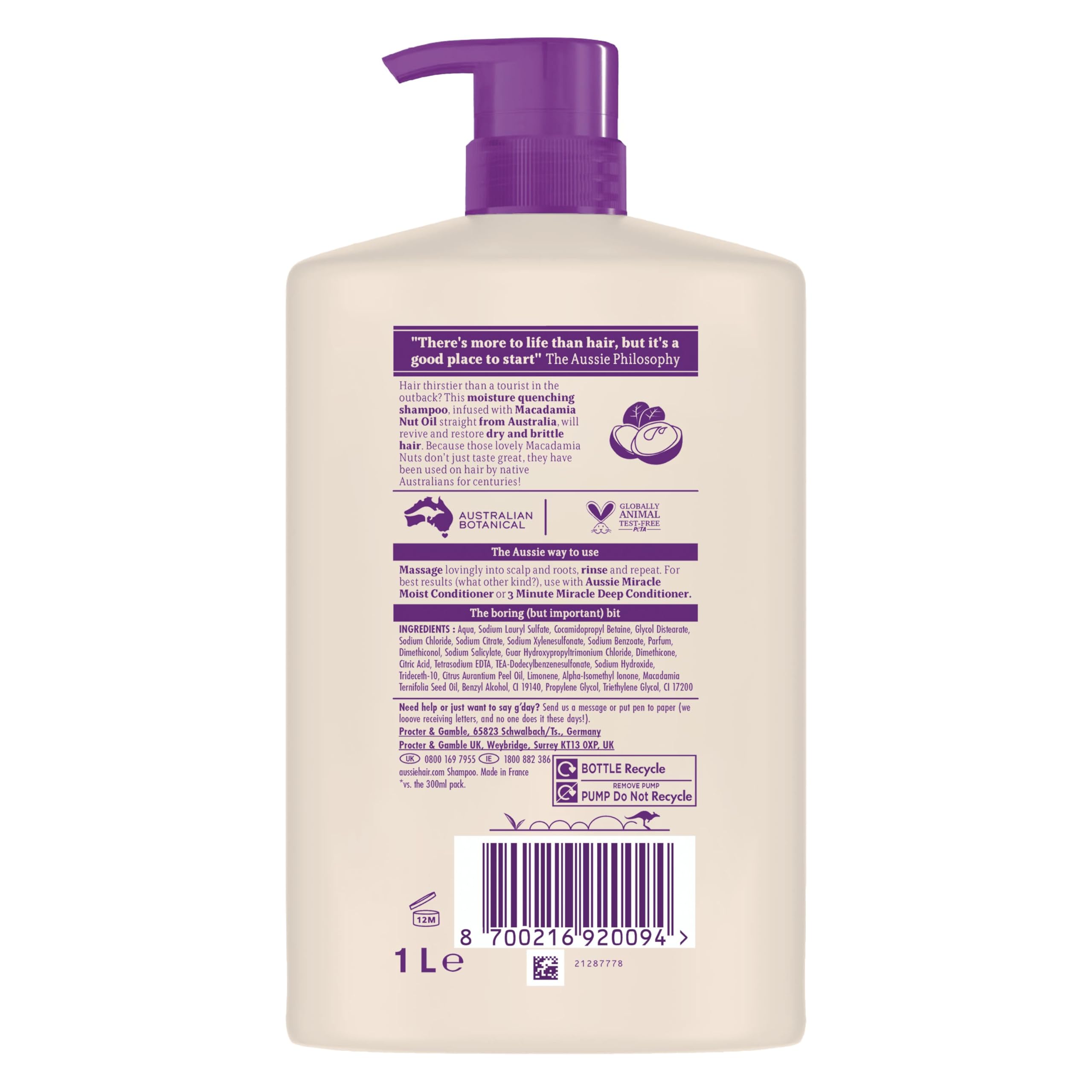 Aussie Miracle Moist Shampoo - Moisturizing Formula with Macadamia Nut Oil (1L)